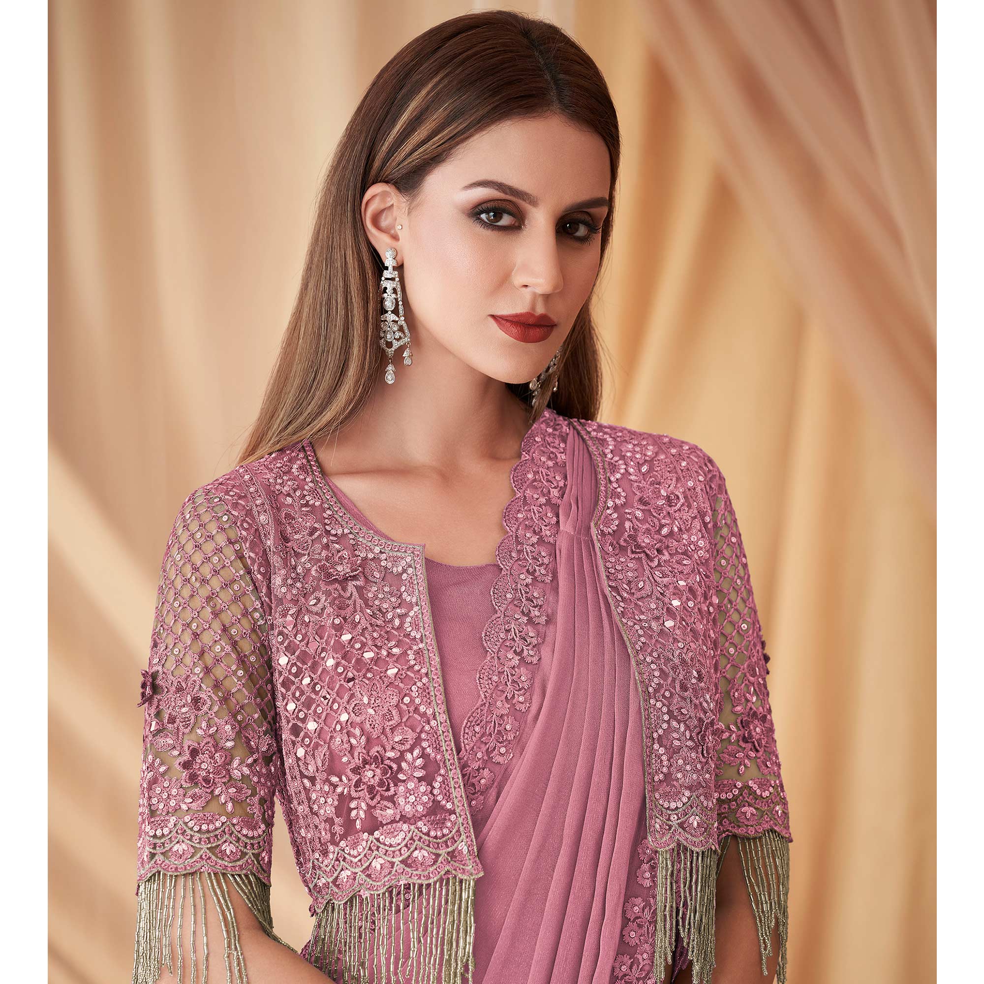 Pink Embroidered Satin Saree With Jacket