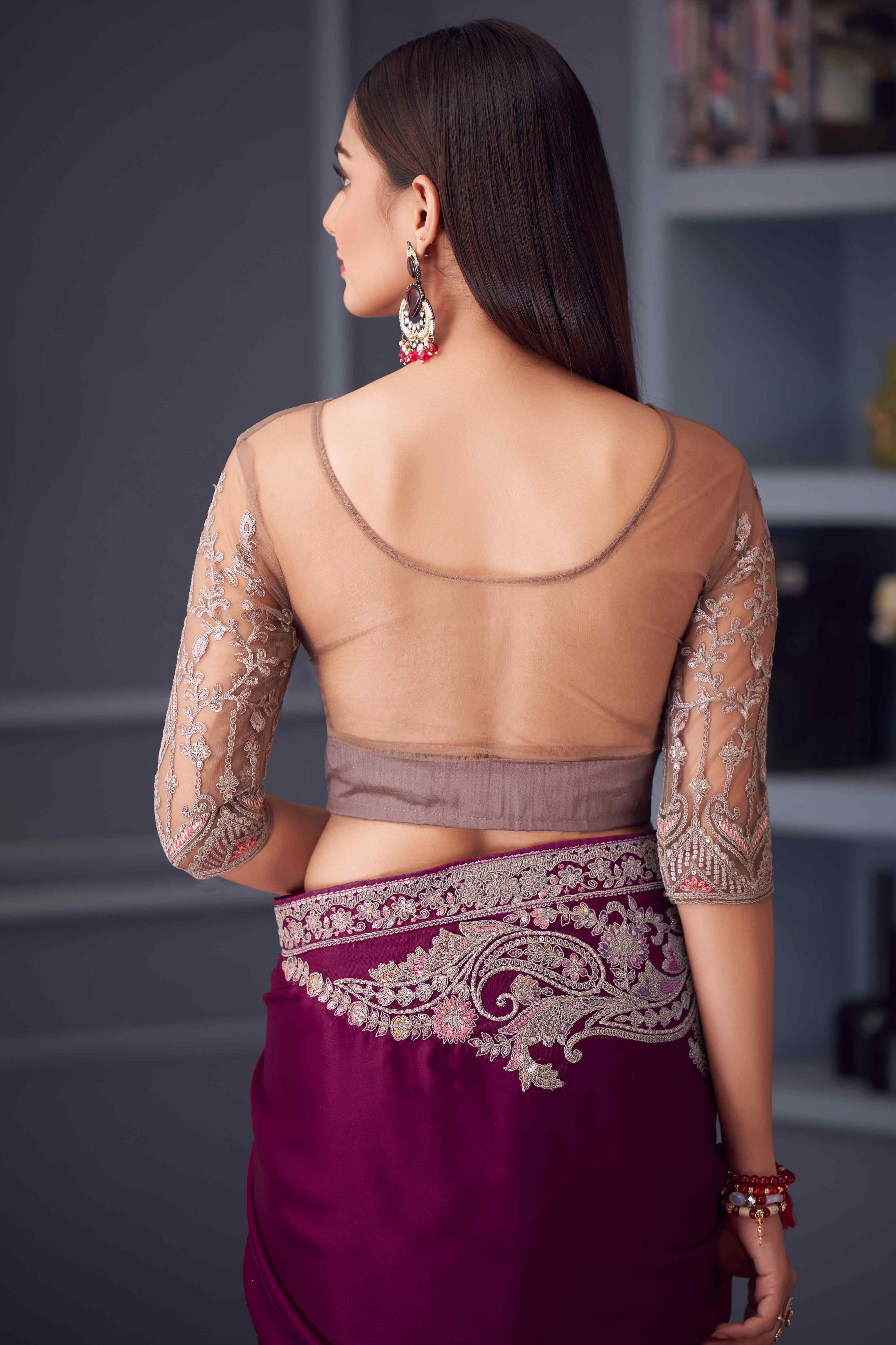 Purple Satin Saree Embellished with Sequin Work