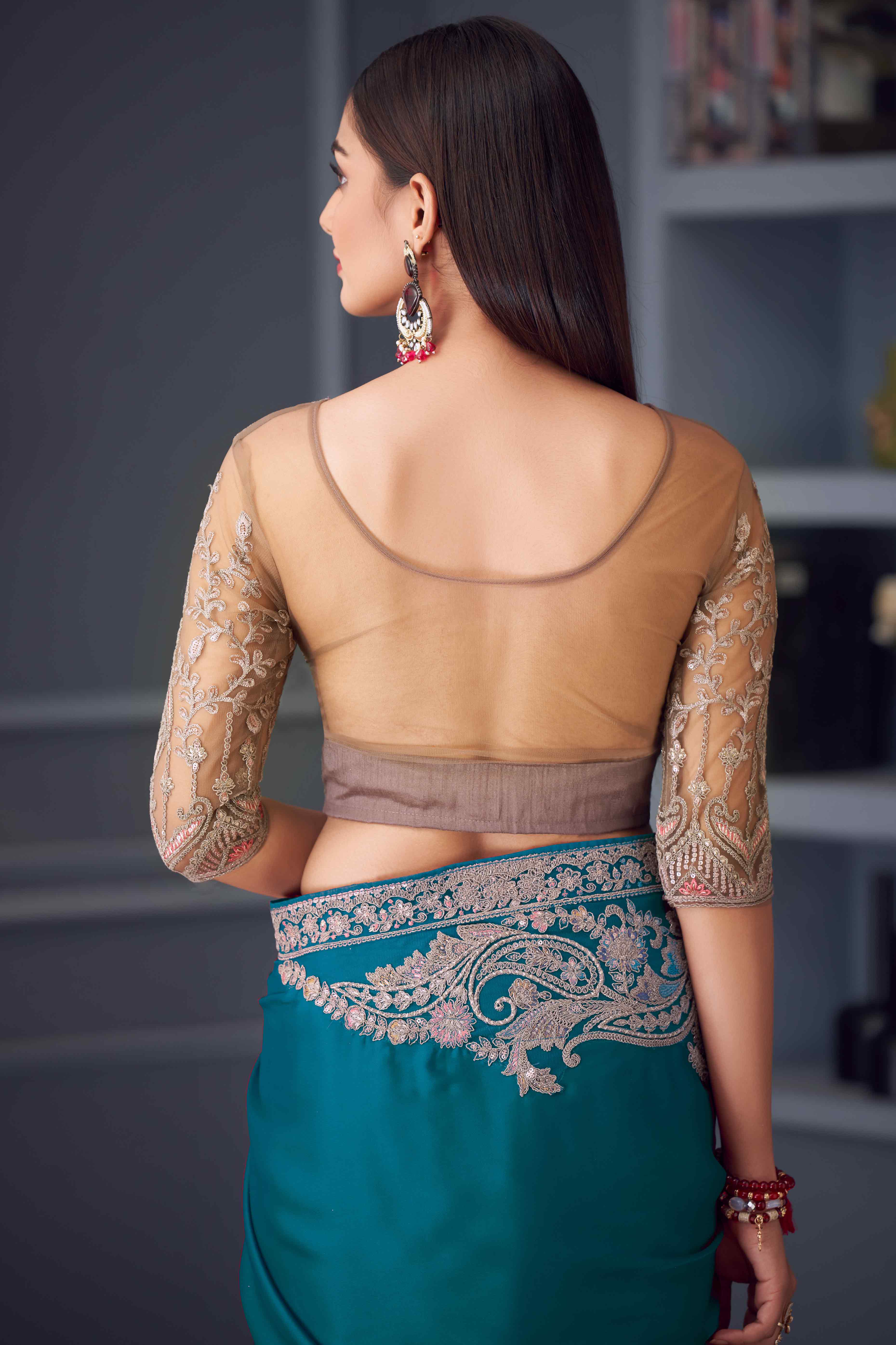 Teal Satin Saree Embellished with Sequin Work