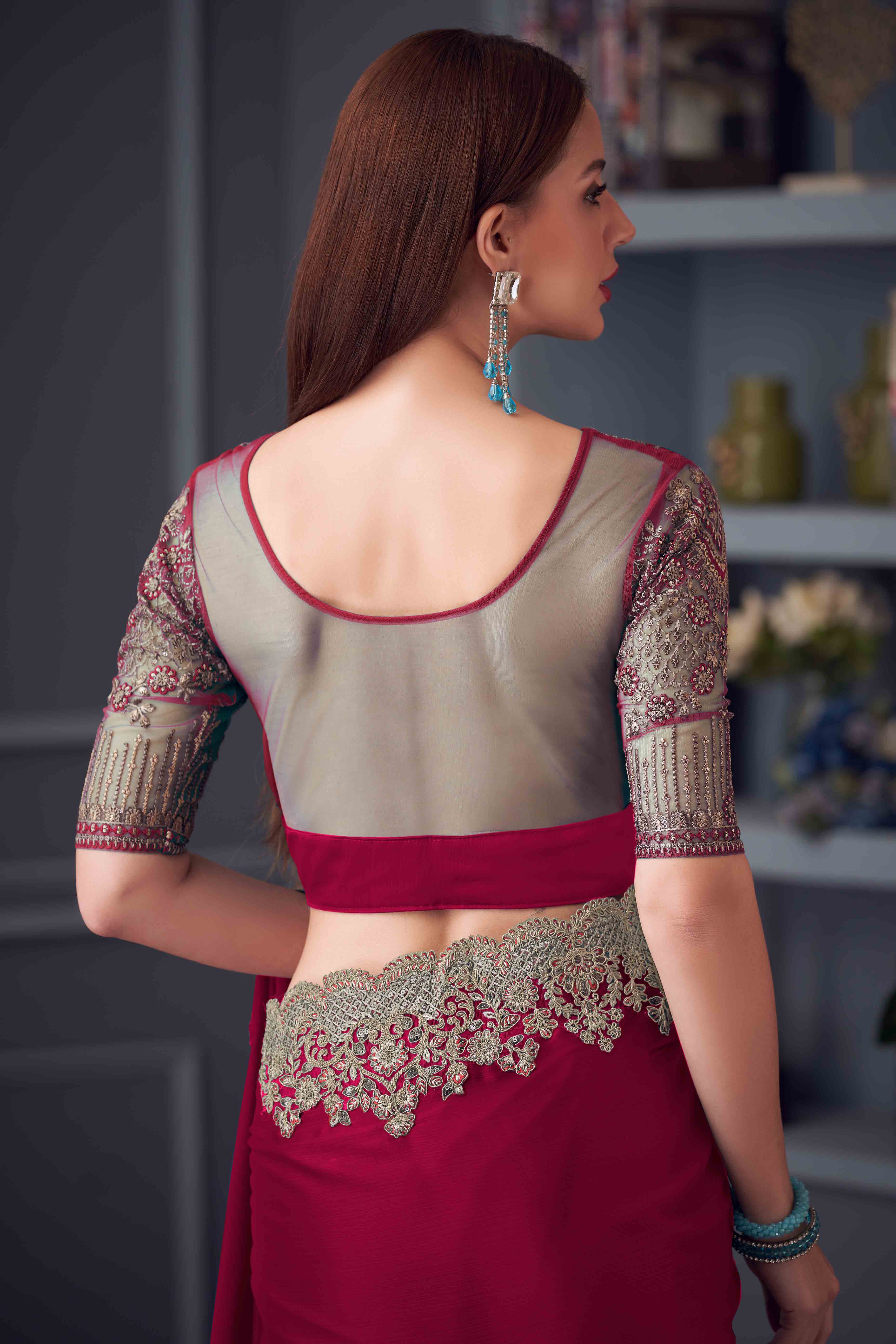 Dark Pink Chiffon Saree with Embellished Border