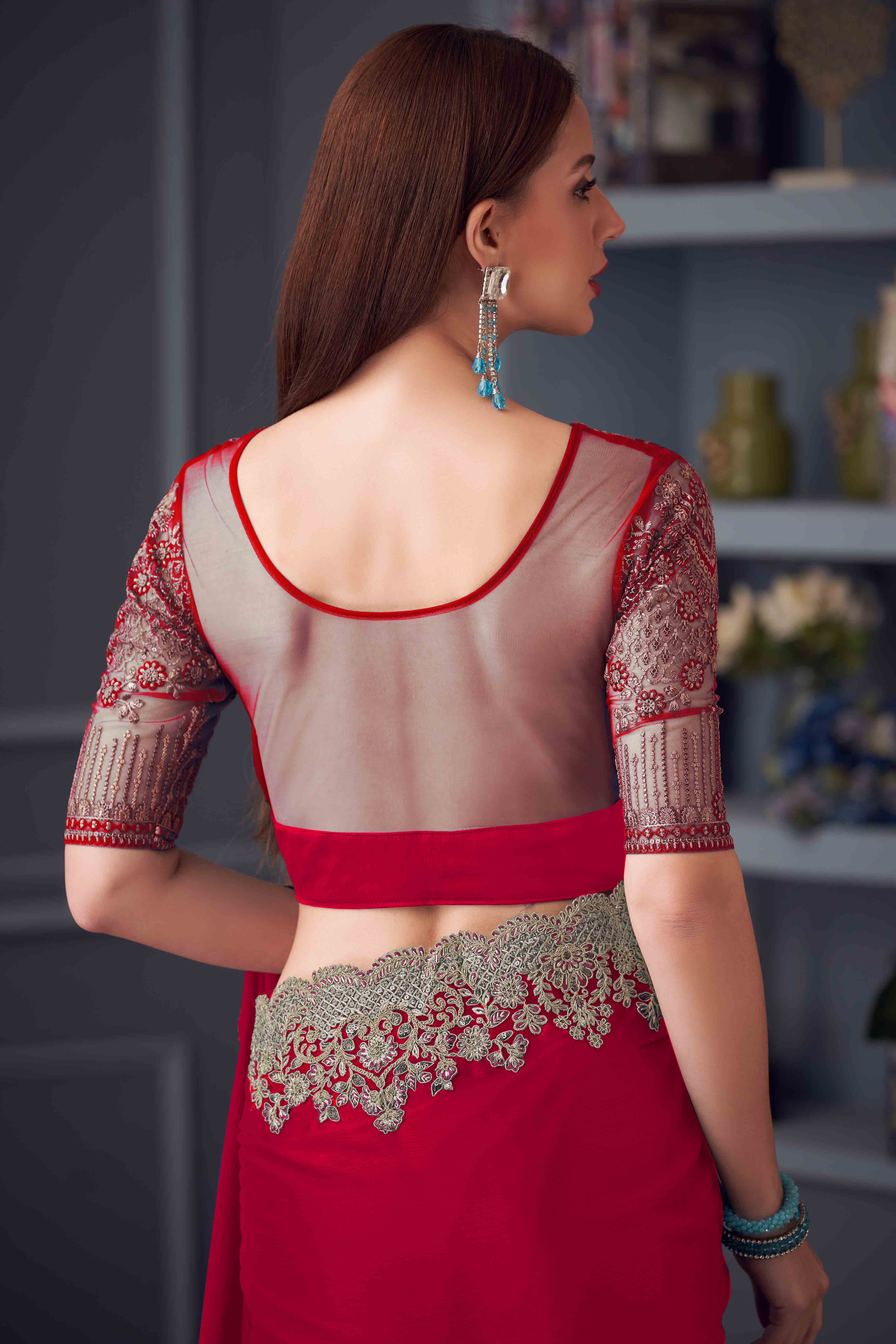 Red Chiffon Saree with Embellished Border