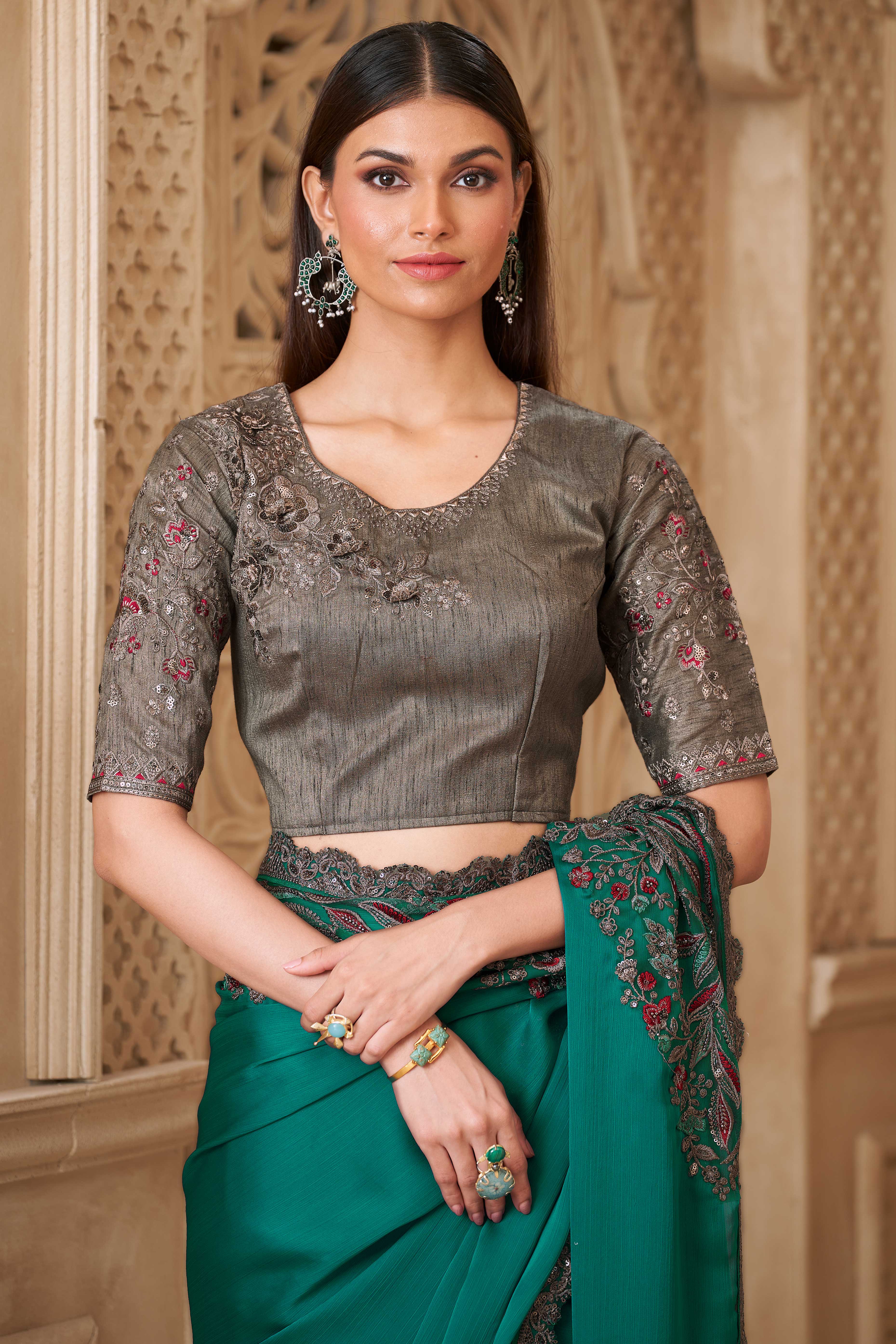 Designer Rama Green Thread Embroidered Satin Saree with Sequin Highlights