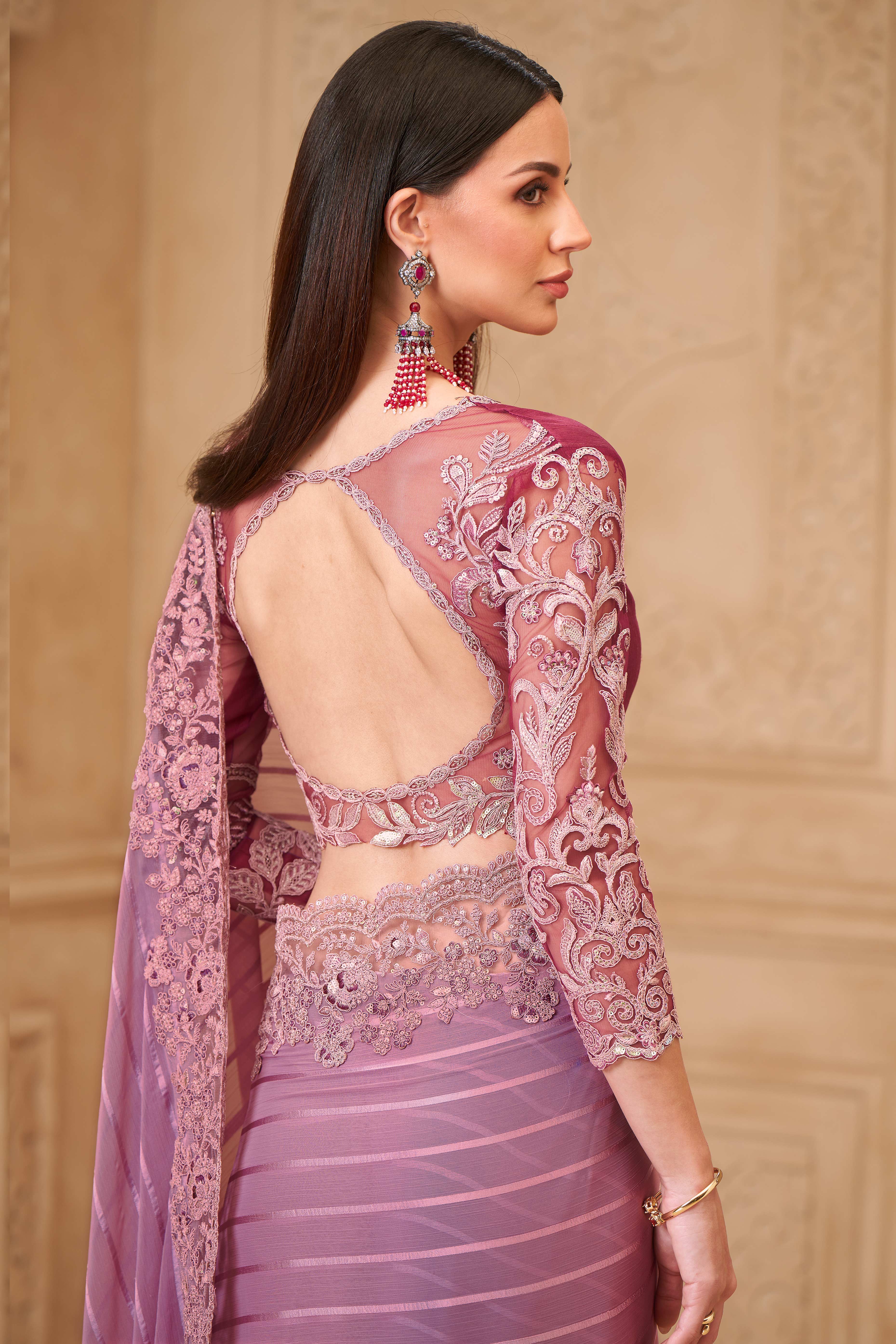 Stylish Light Pink Chiffon Saree Crafted with Sequin Detailing and Thread Embroidery