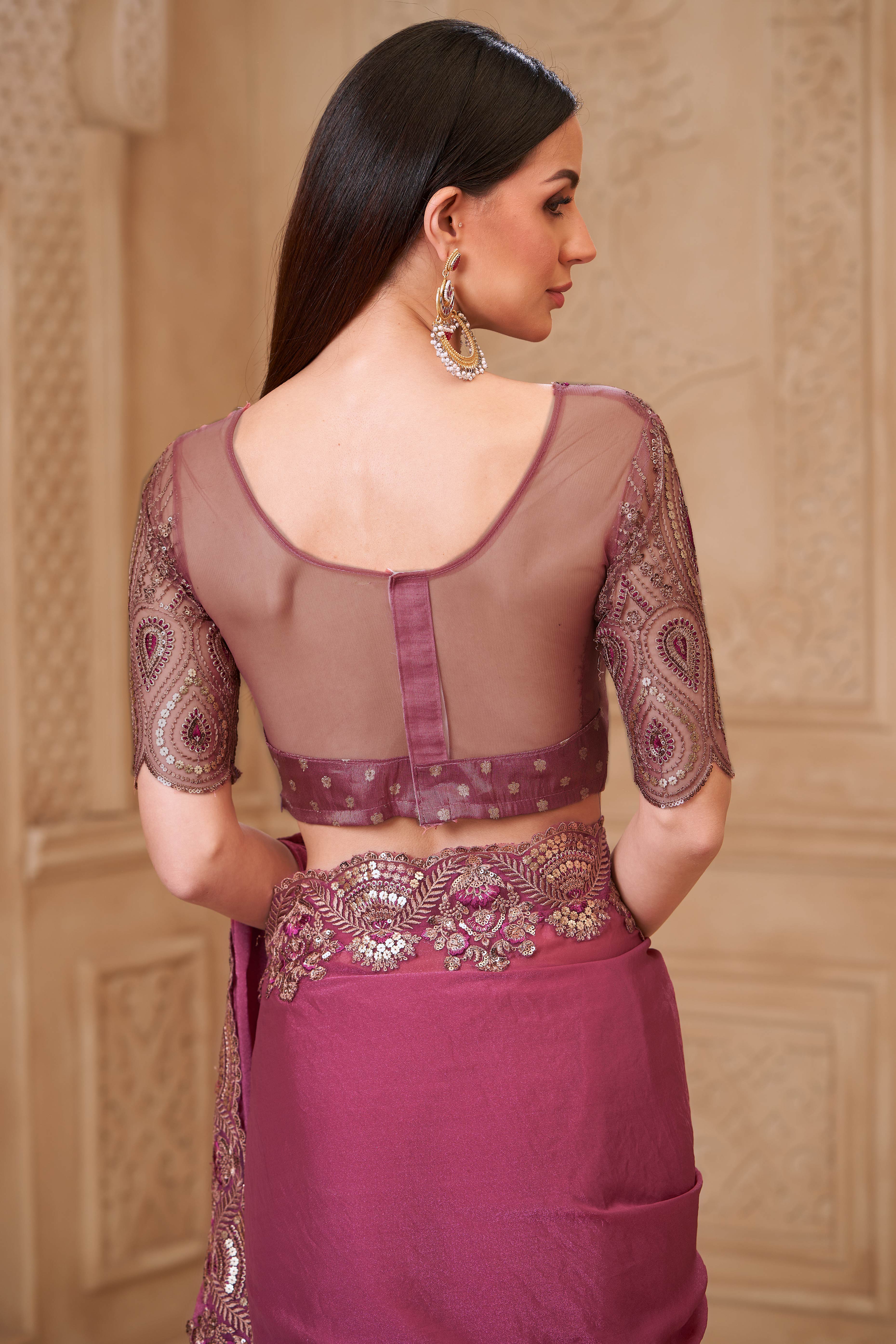 Shimmering Rouge Pink Georgette Saree with Graceful Thread Embellishment and Sequins