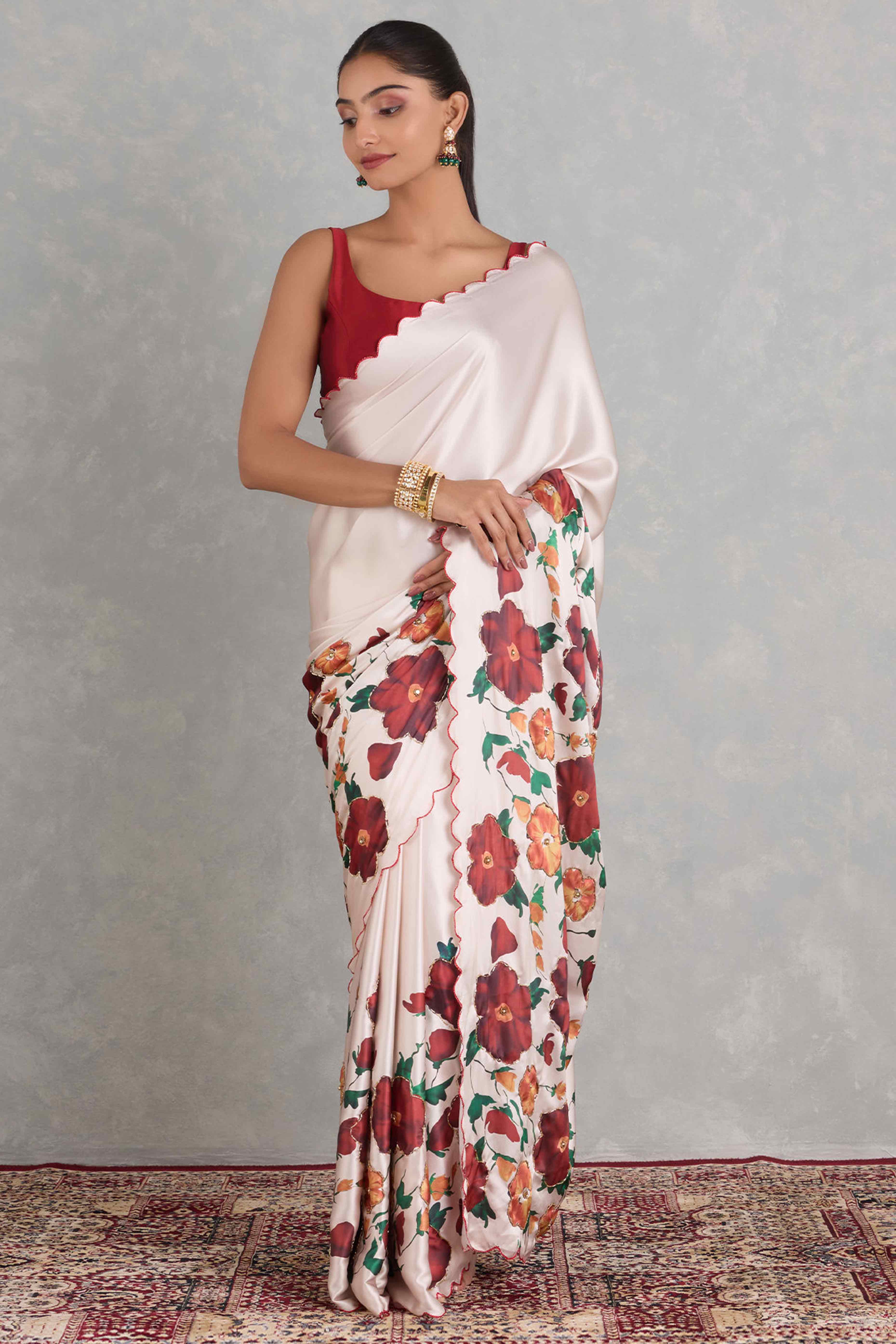 Off White Saree with Floral Prints on Soft Japan Satin
