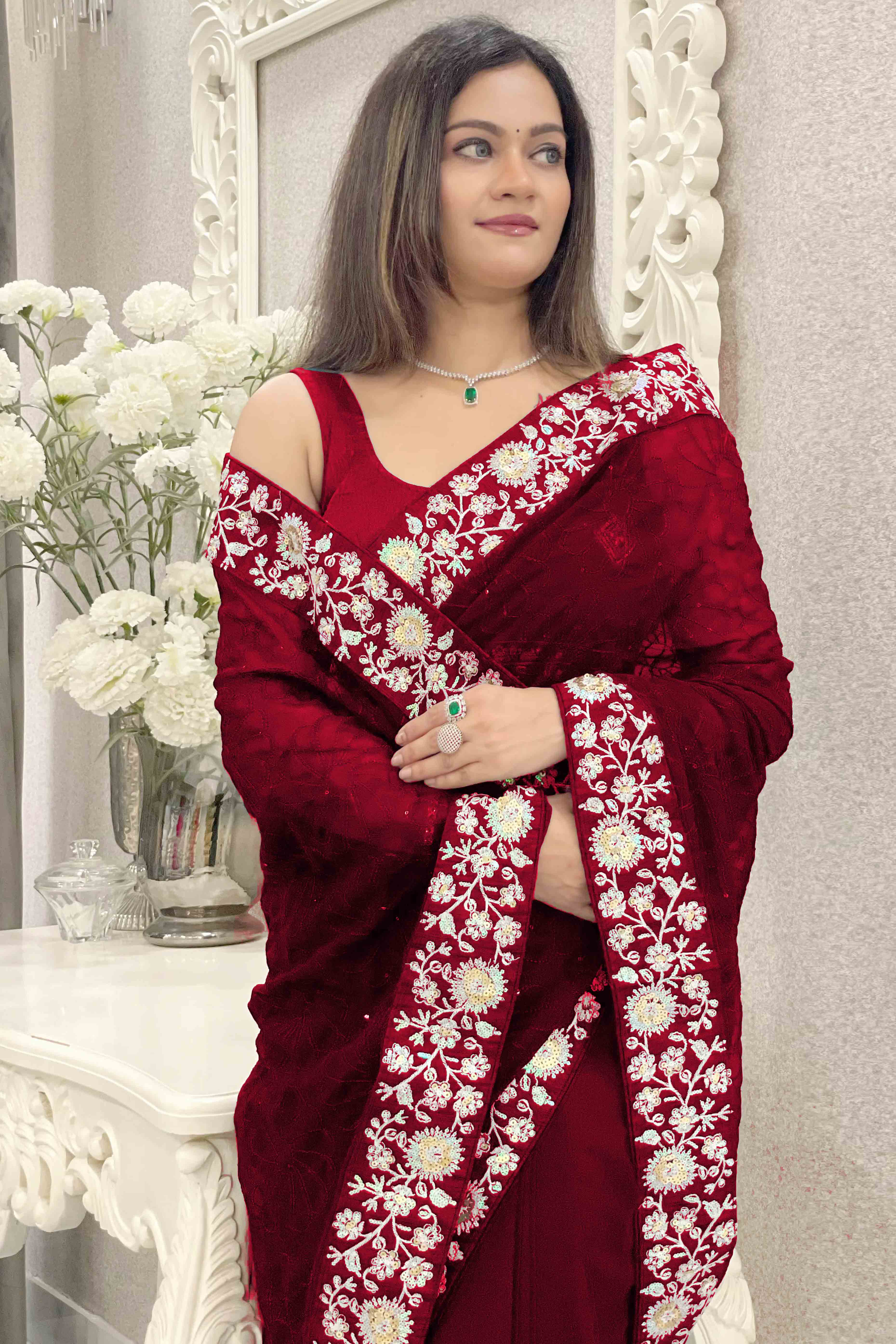 Maroon Georgette Saree Featuring Fine Sequin Embroidery for a Glam Look
