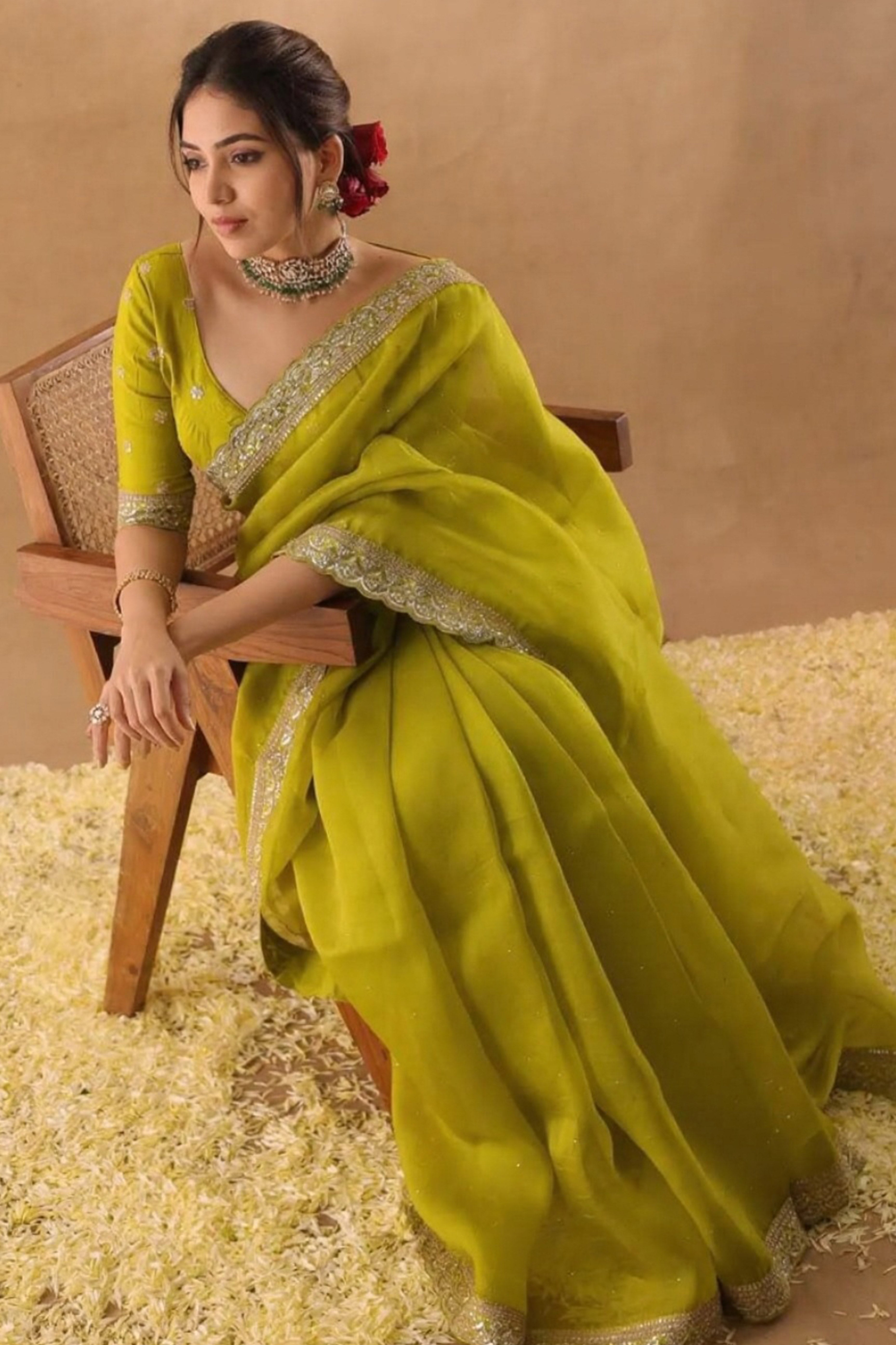 Lime Green Soft Tissue Saree Adorned with Alluring Sequin Detailing for a Luxurious Look