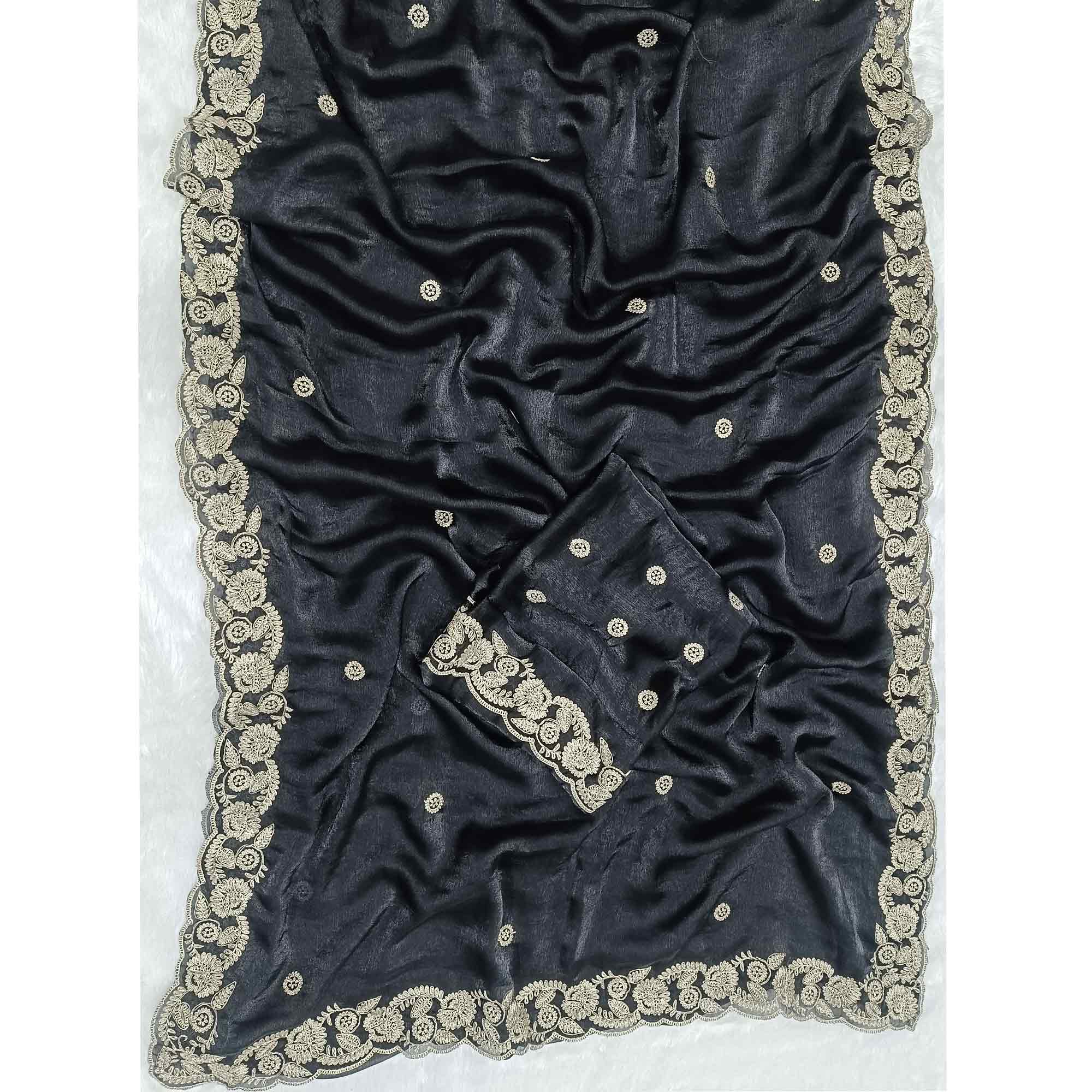 Black Satin Silk Saree Accented With Intricate Floral Cording Embroidery