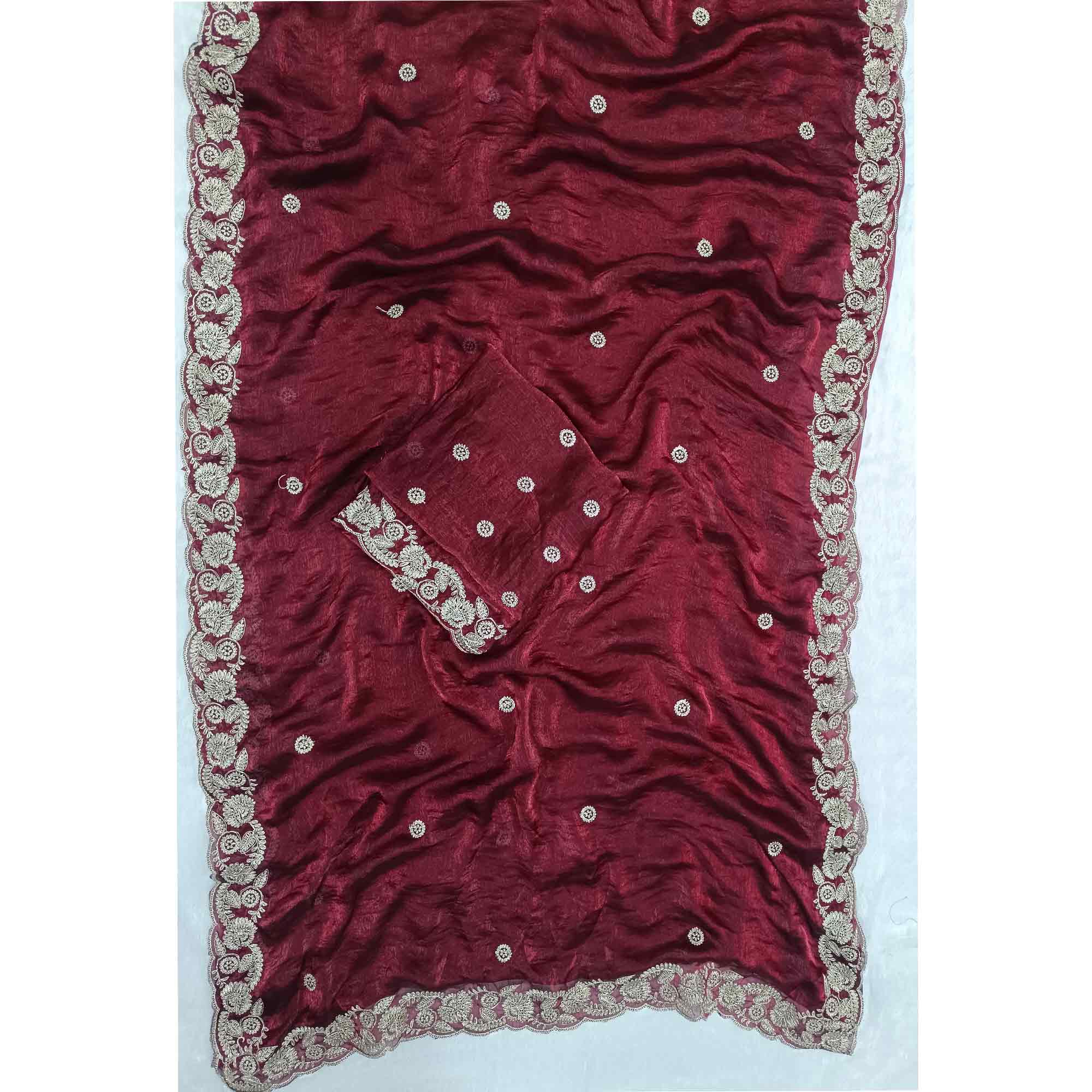 Maroon Satin Silk Saree Accented With Intricate Floral Cording Embroidery