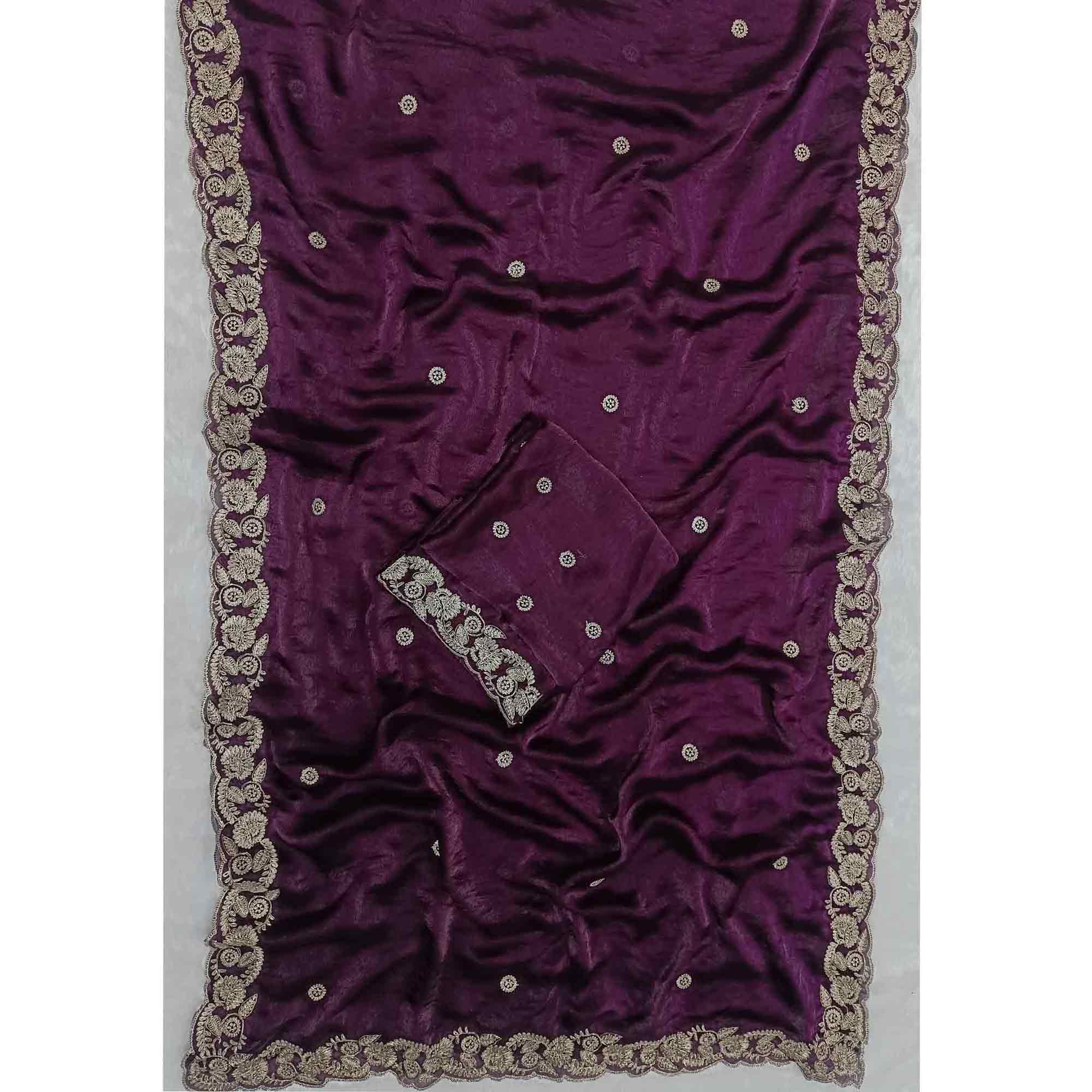 Wine Satin Silk Saree Accented With Intricate Floral Cording Embroidery
