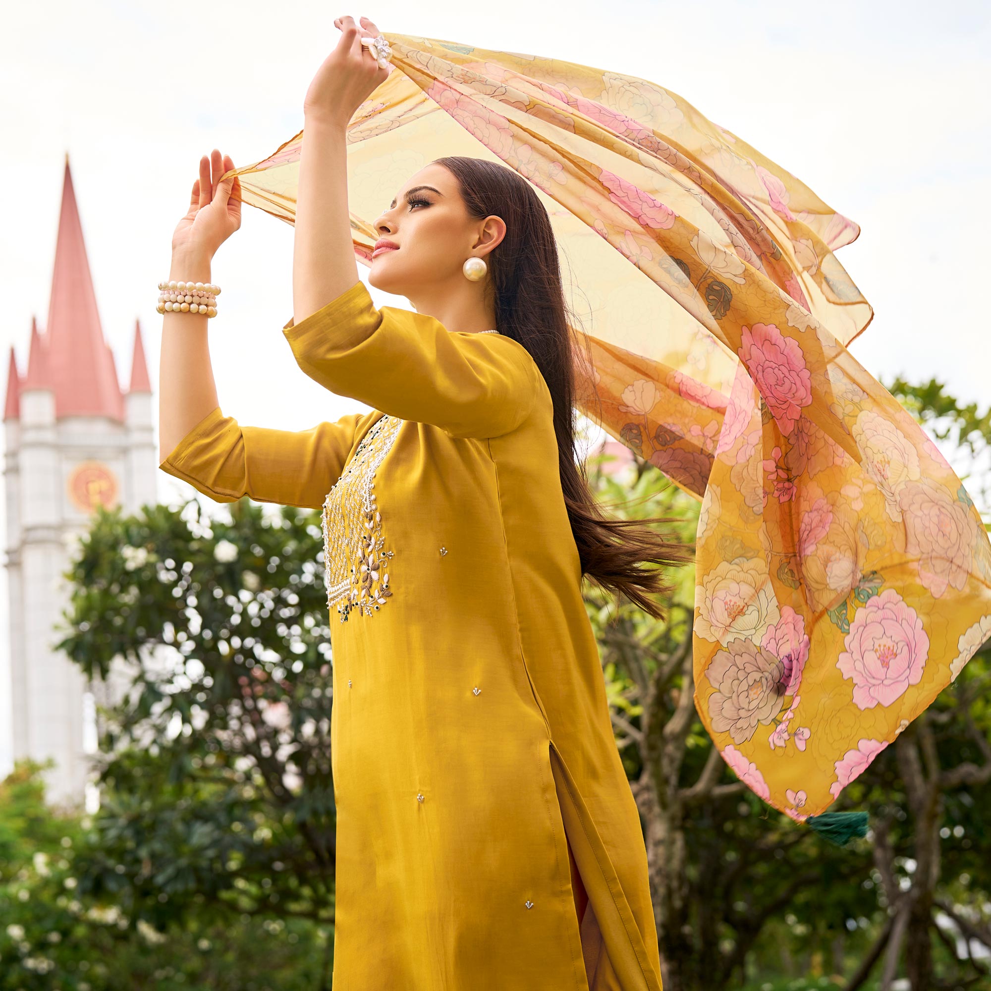 Yellow Floral Embroidered Chanderi Silk Suit