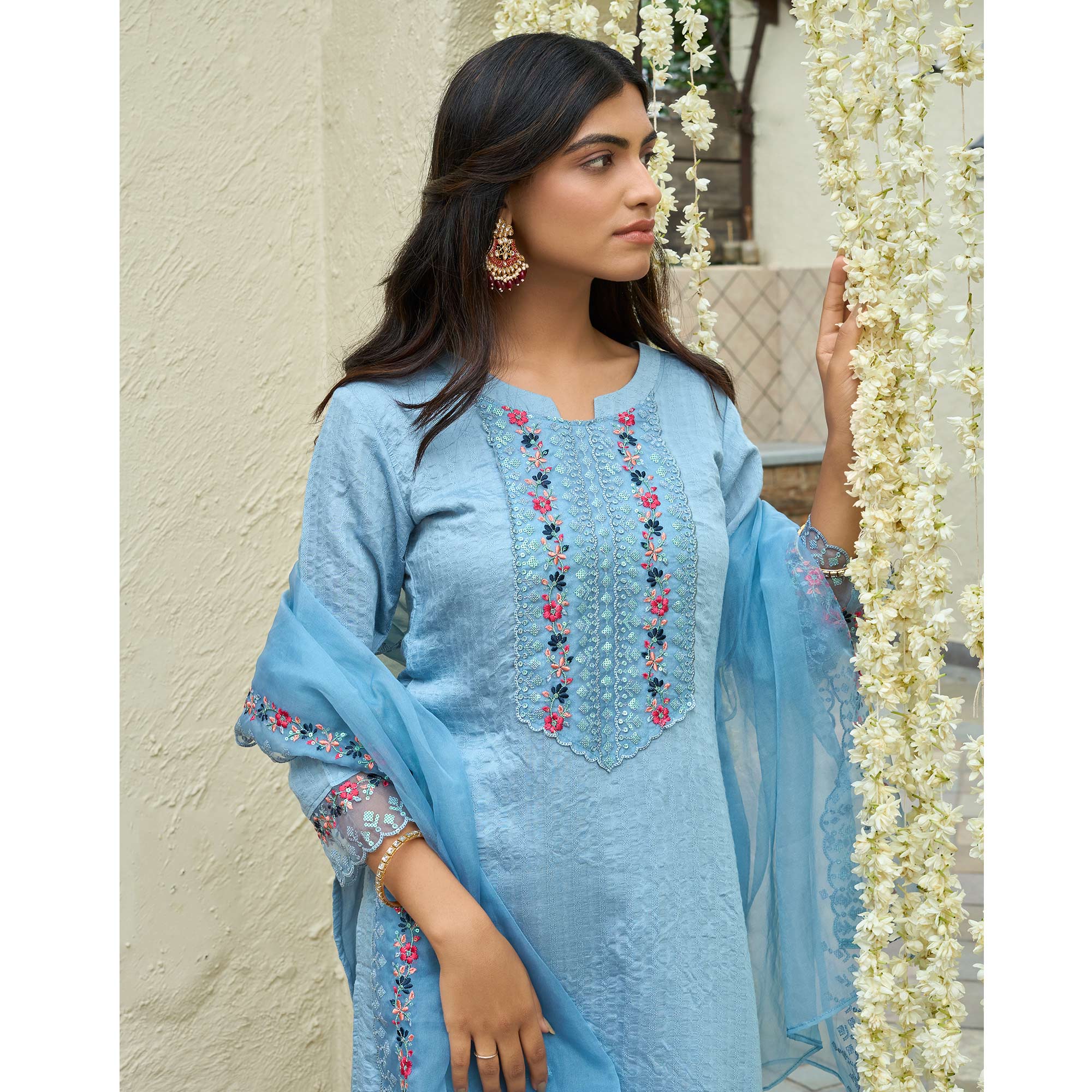 Blue Floral Embroidered Rayon Salwar Suit