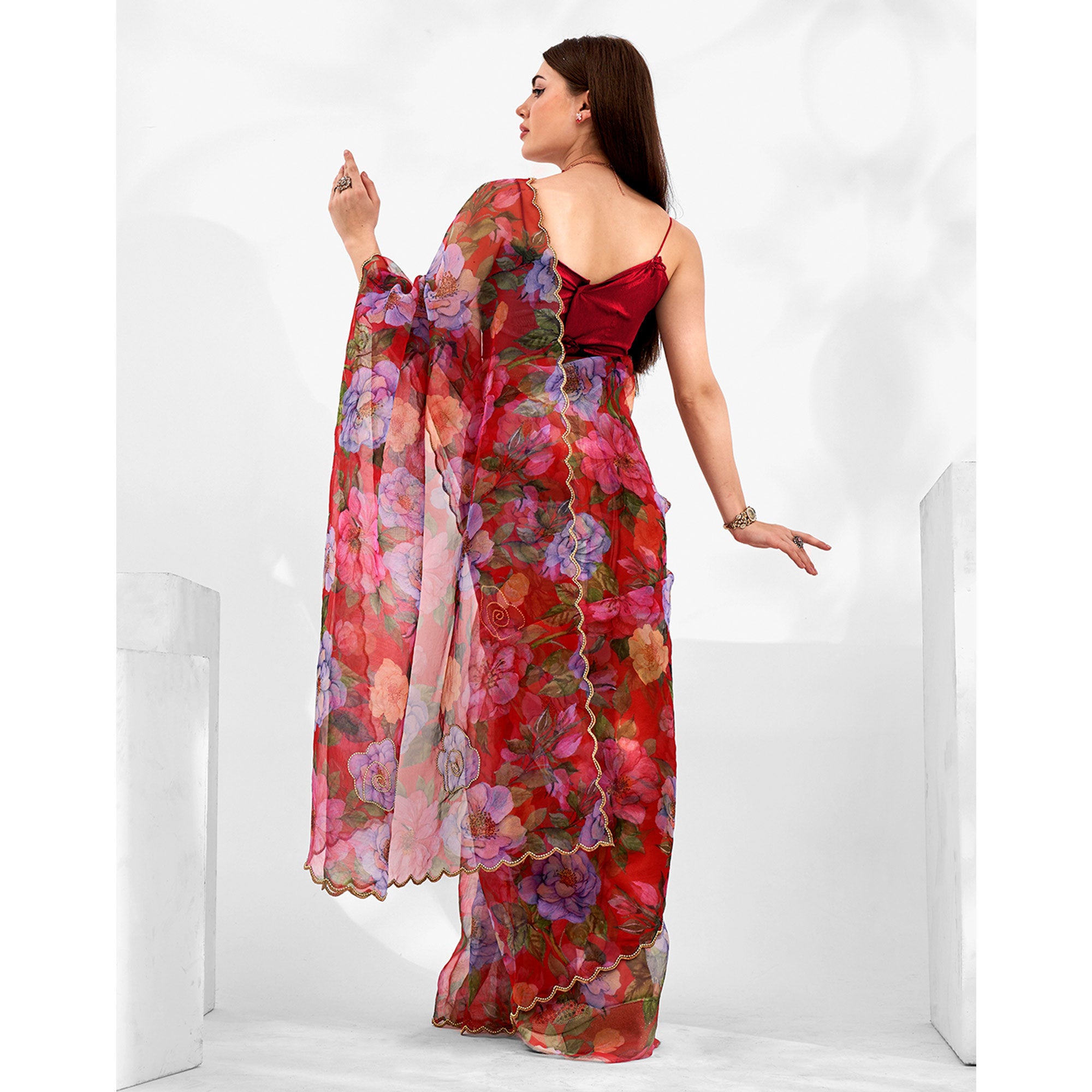 Red Floral Printed Khatli Work Organza Saree