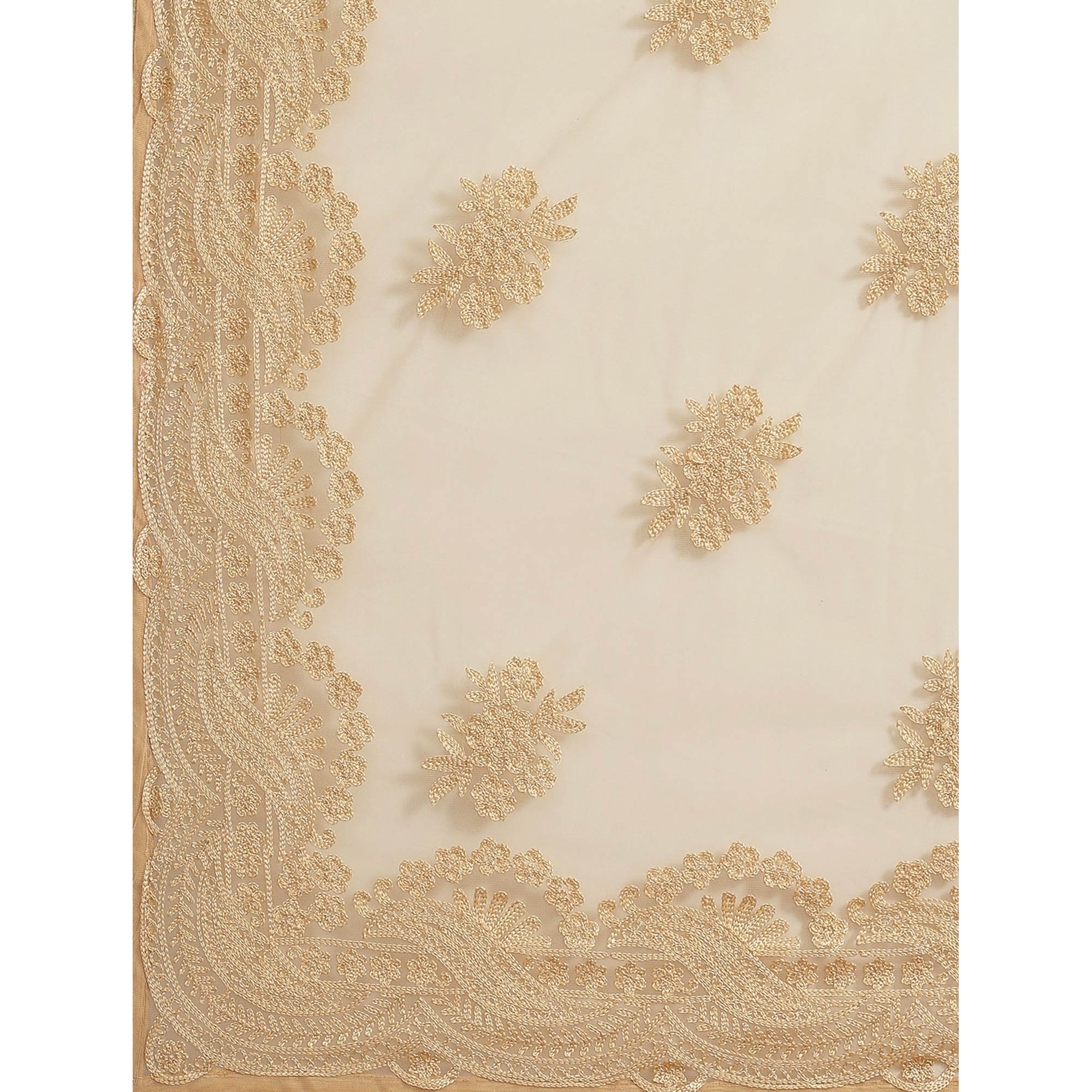 Beige Soft Net Resham Work Saree