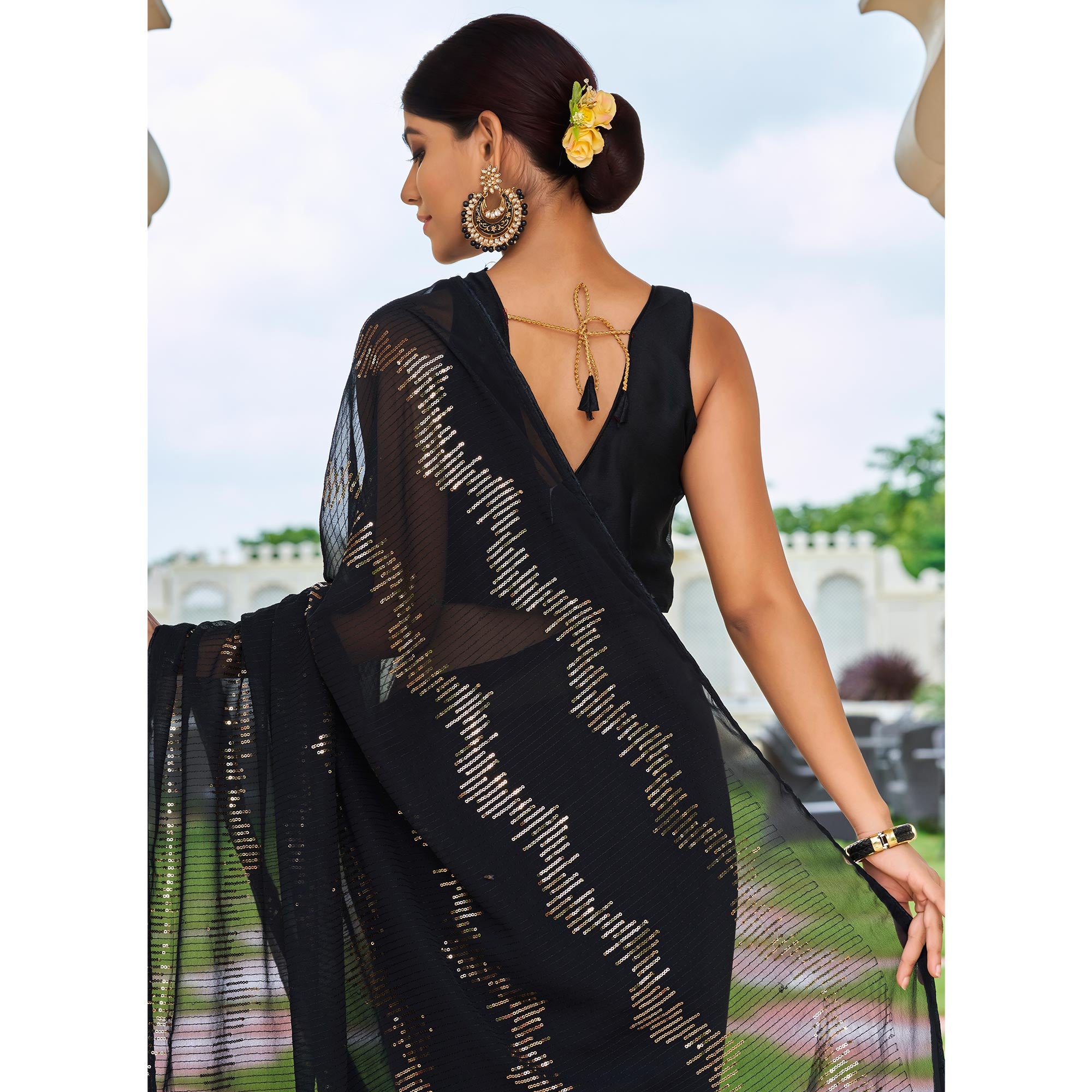 Black Sequins Embroidered Georgette Saree