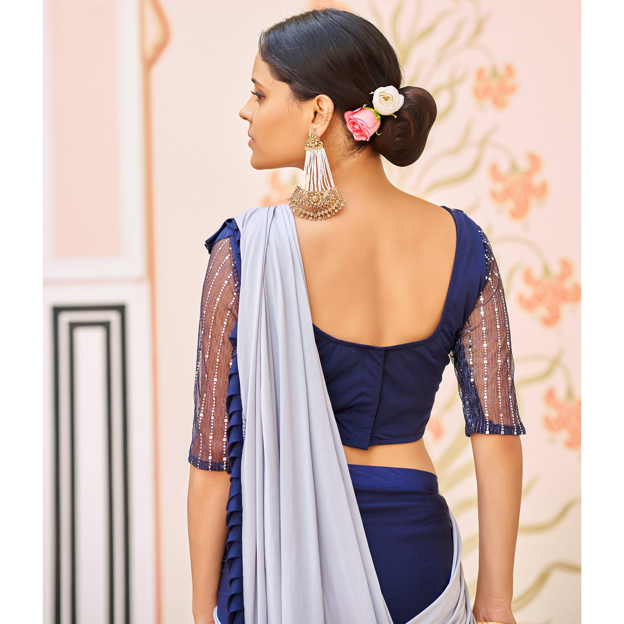 Blue And Grey Half Half Lycra Ready To Wear Saree