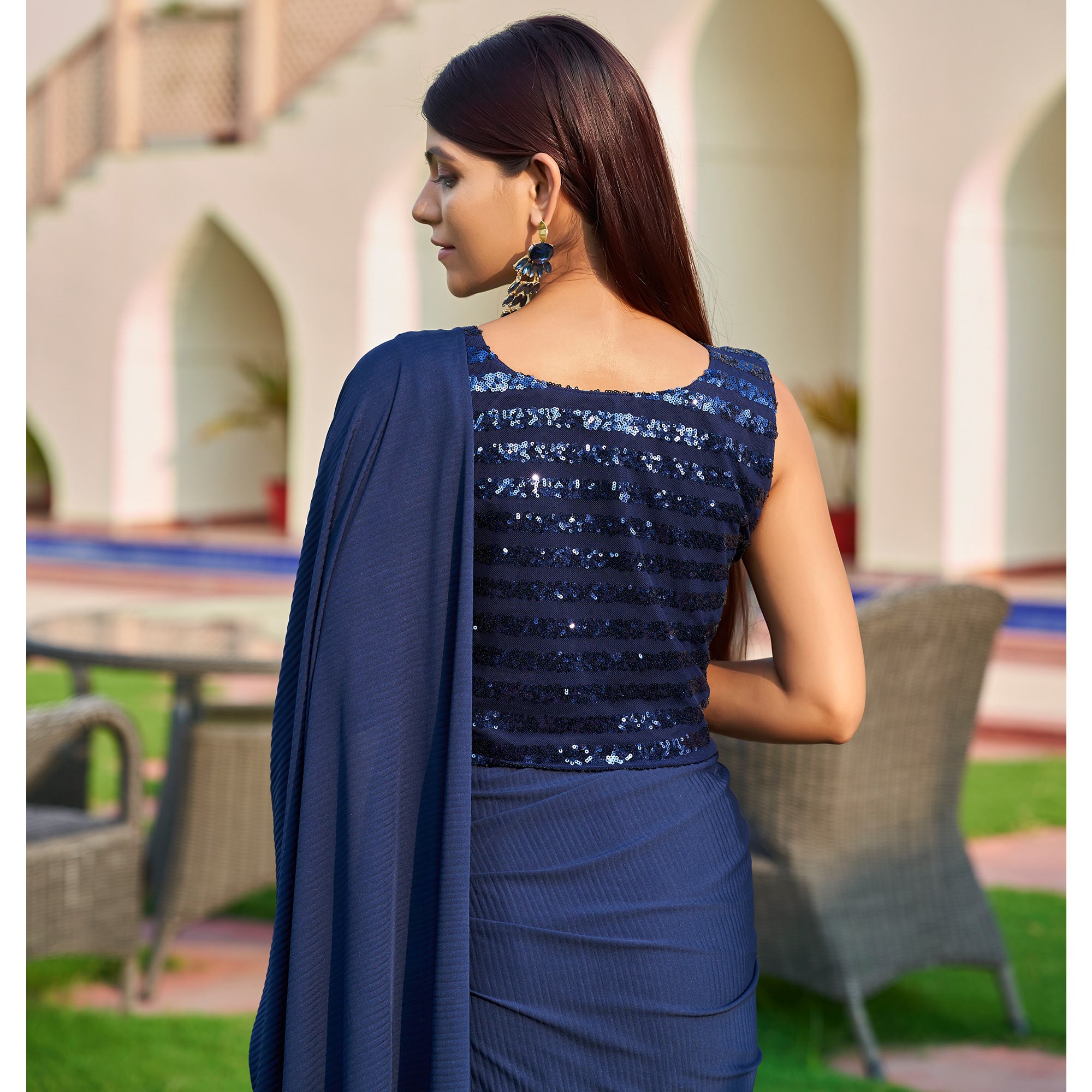 Navy Blue Lycra Crush Design Ready To Wear Saree
