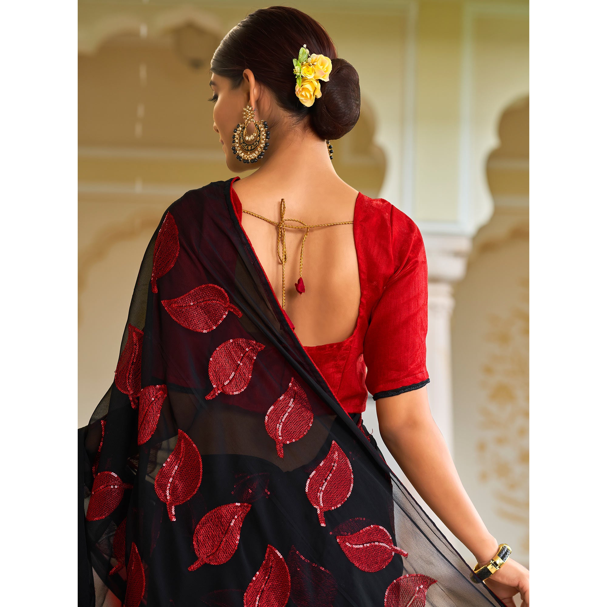 Black & Red Sequins Embroidered Georgette Saree
