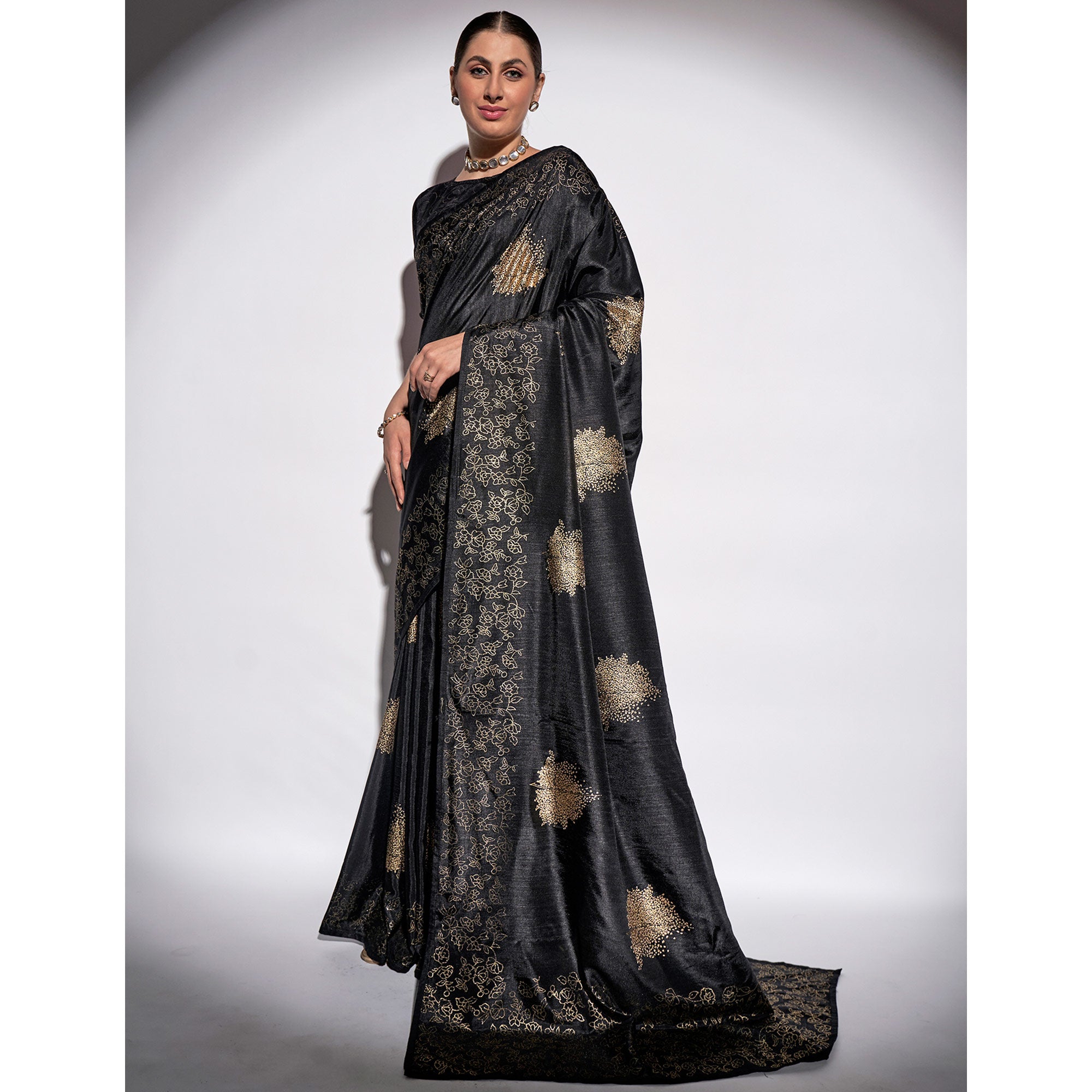 Black Foil Print Georgette Fabric Saree