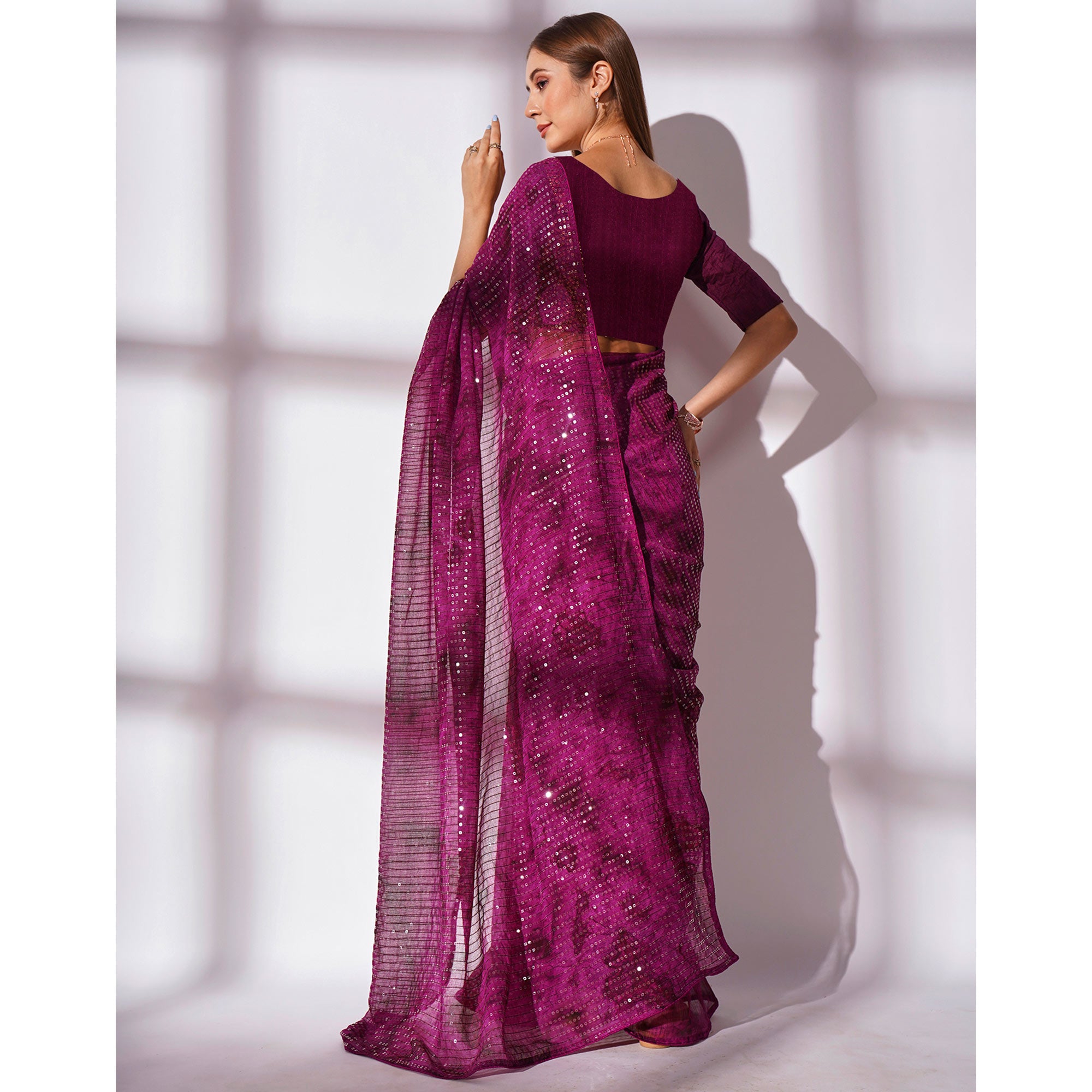 Wine Ombre Print Sequence Work Georgette Saree