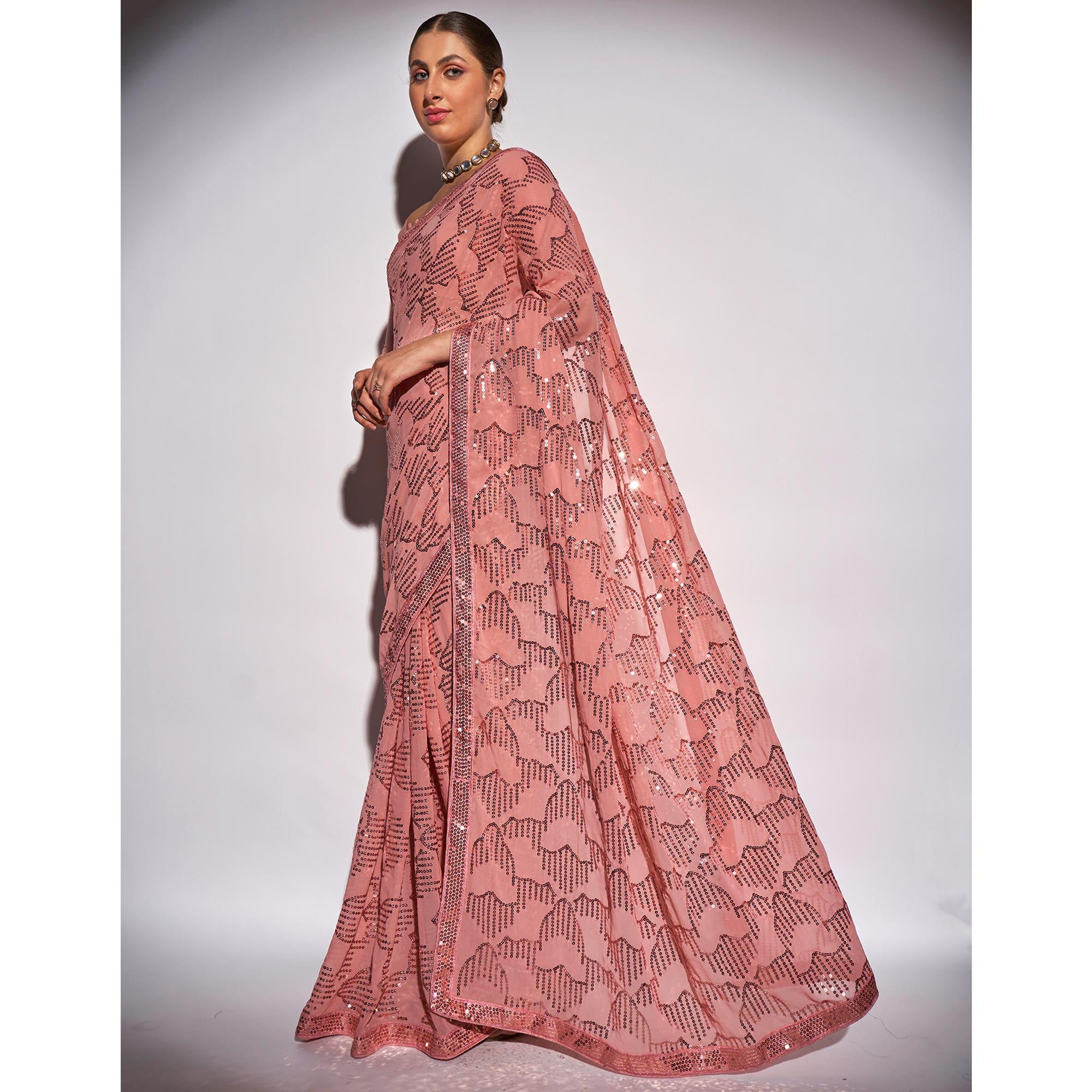 Peach Sequins Embroidered Georgette Saree