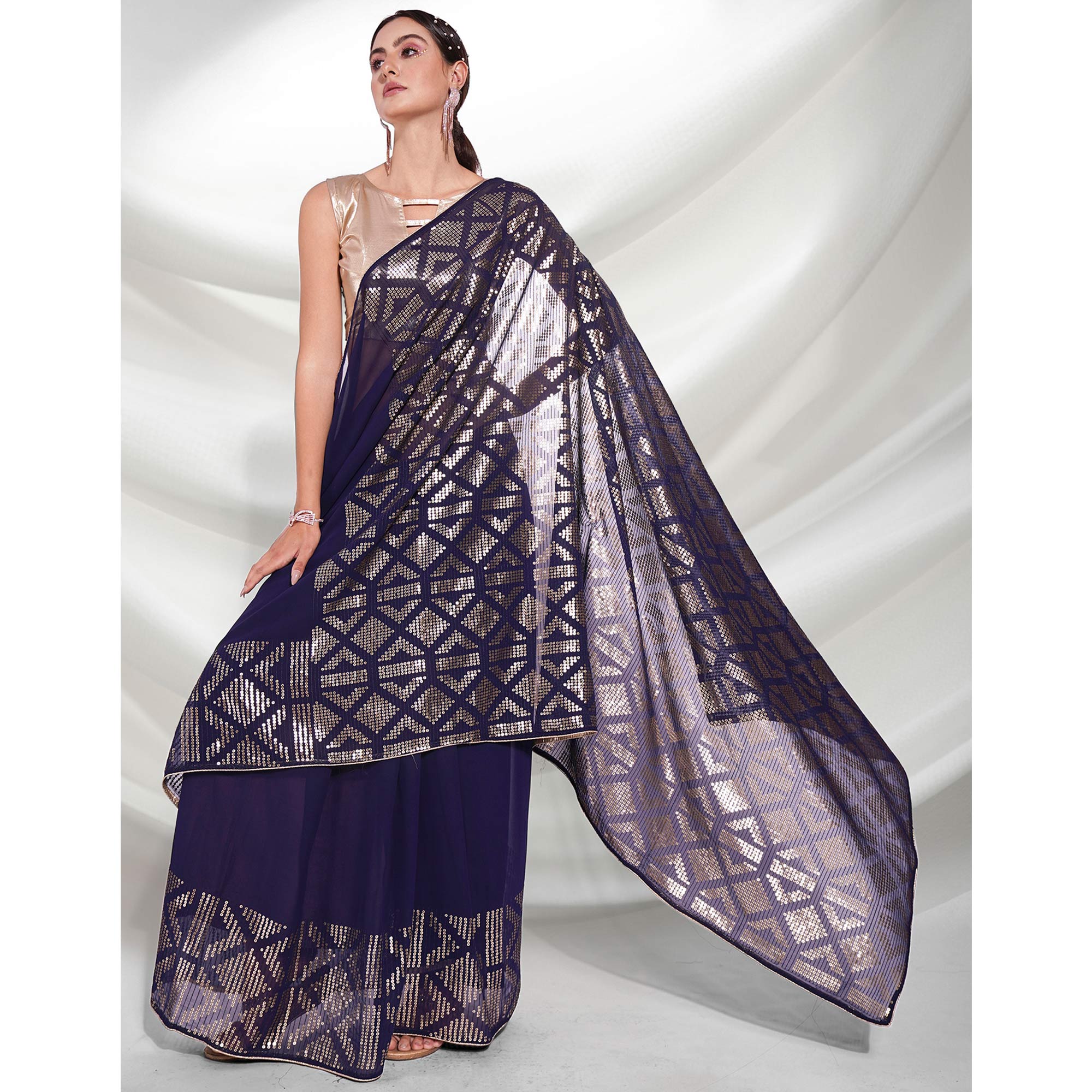 Navy Blue Sequins Embroidered Georgette Saree