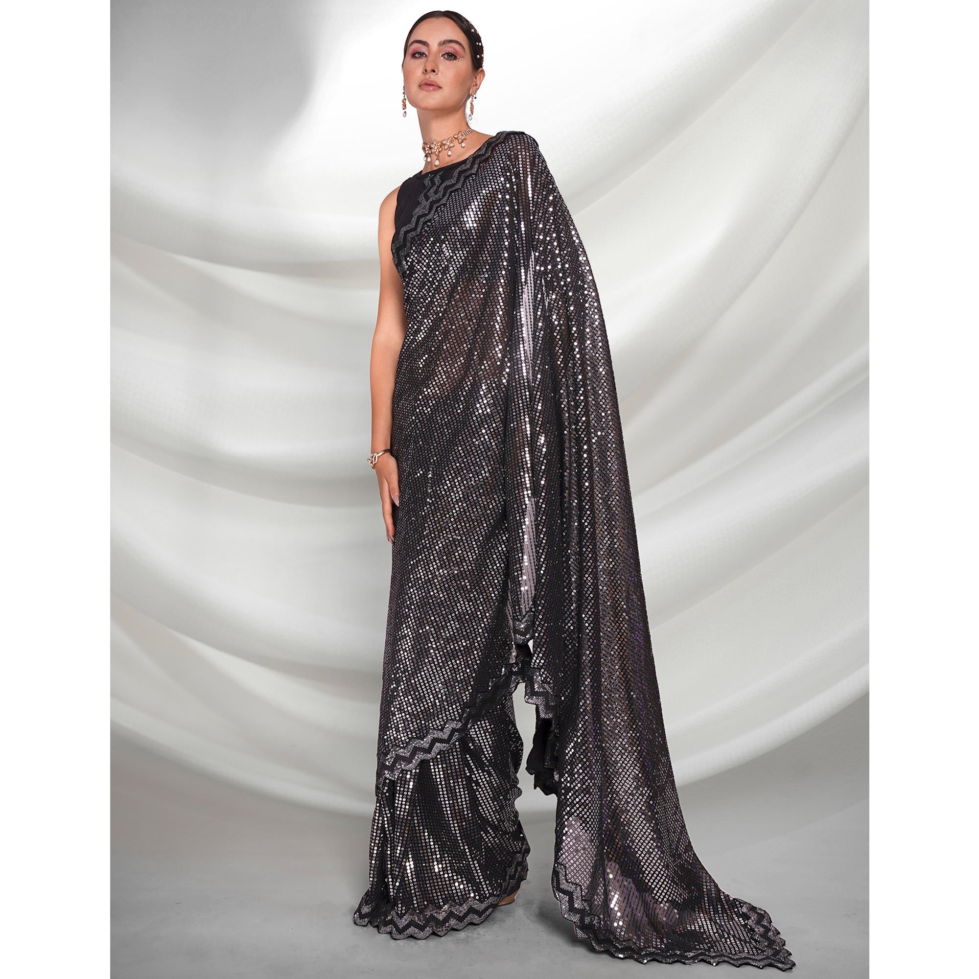 Black Sequins Embroidered Georgette Saree