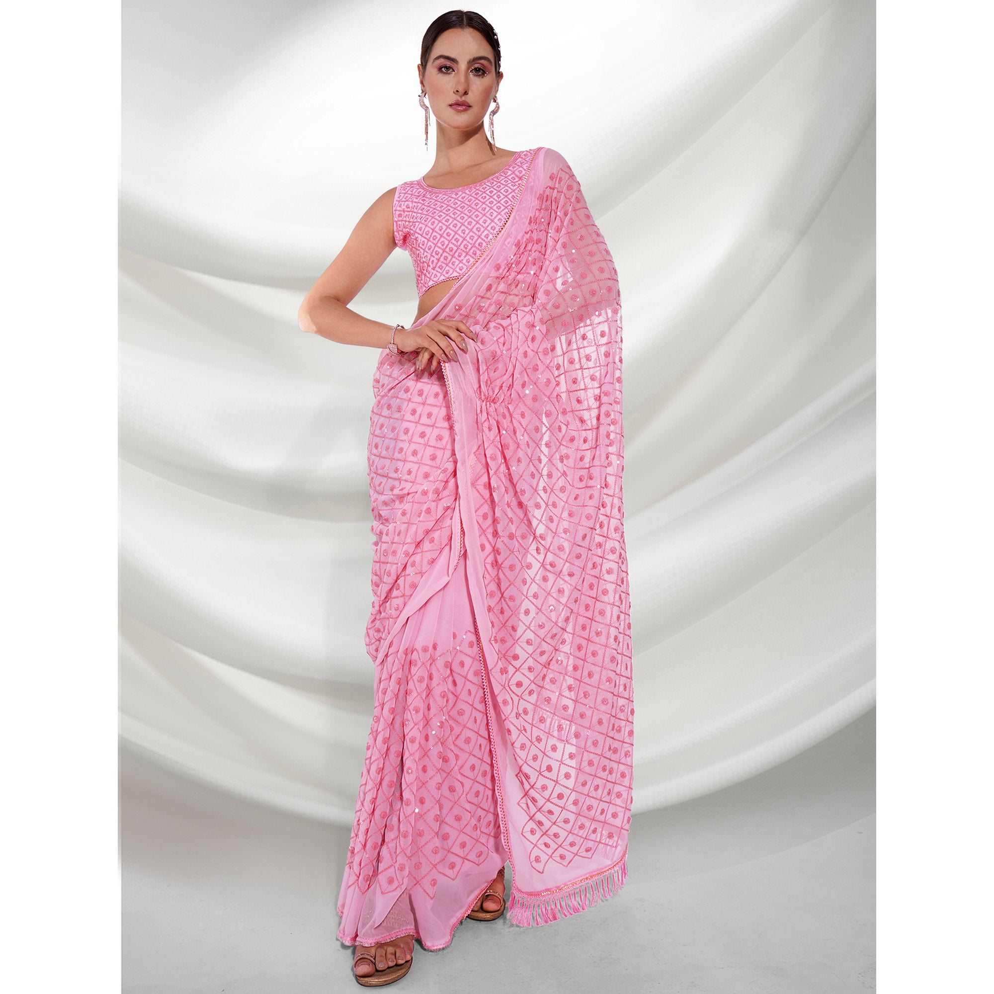 Pink Sequins Embroidered Georgette Saree