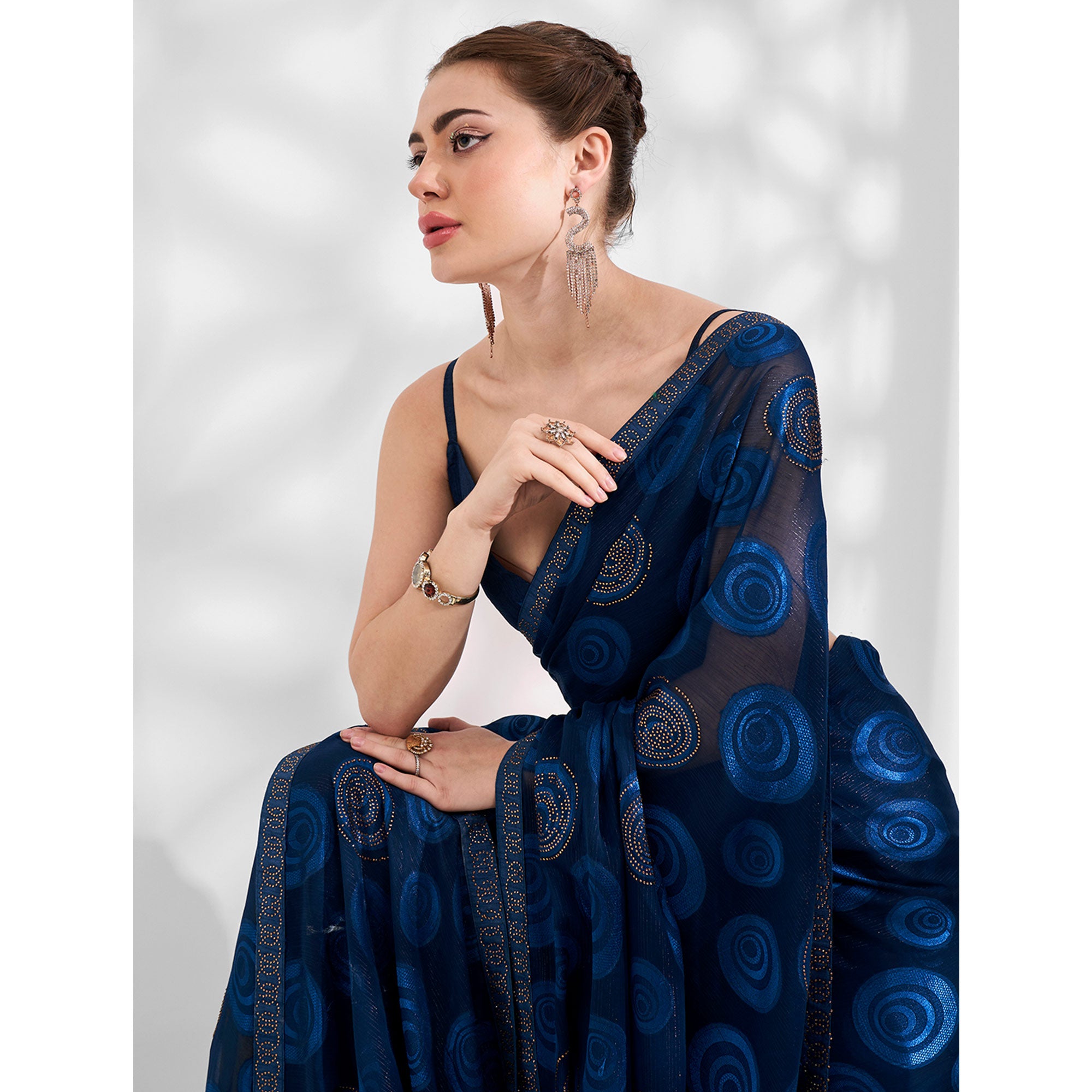 Blue Beads & Stones Embroidered Brasso Saree