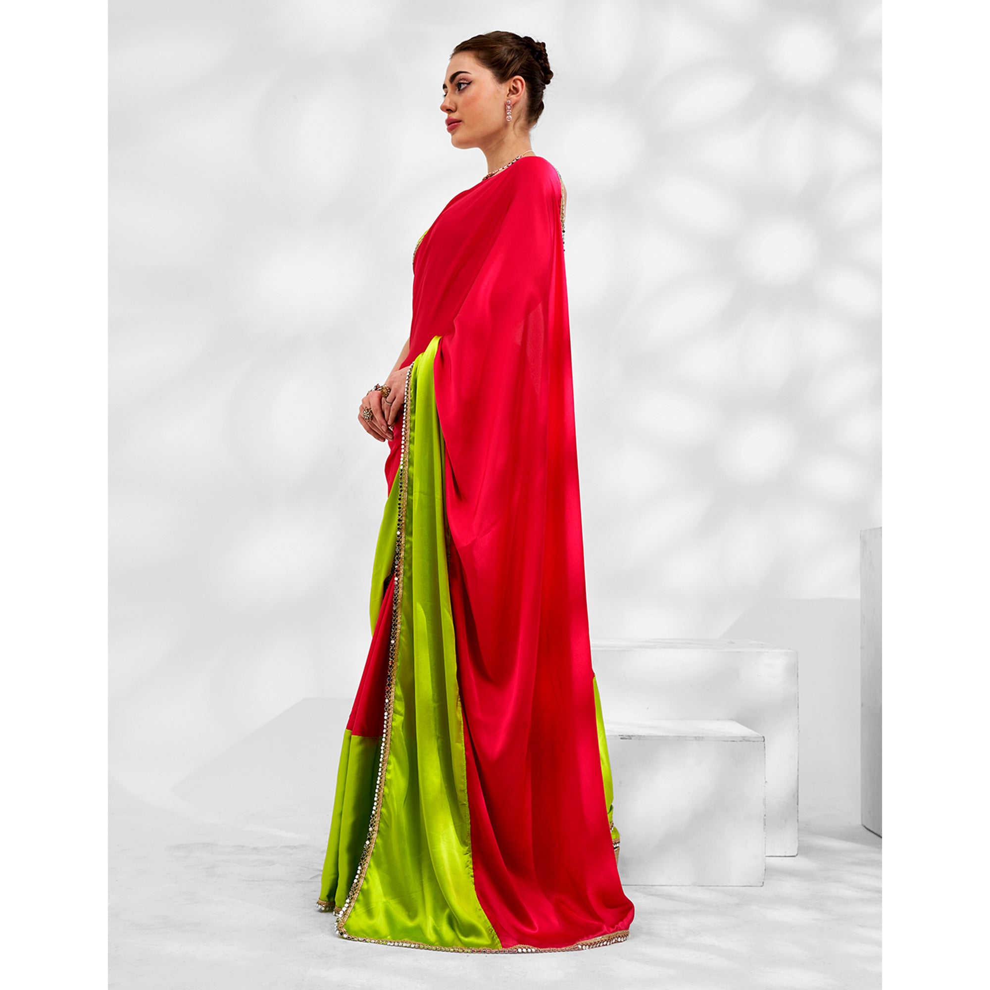 Pink & Green Solid Pure Silk Saree With Mirror Work Border