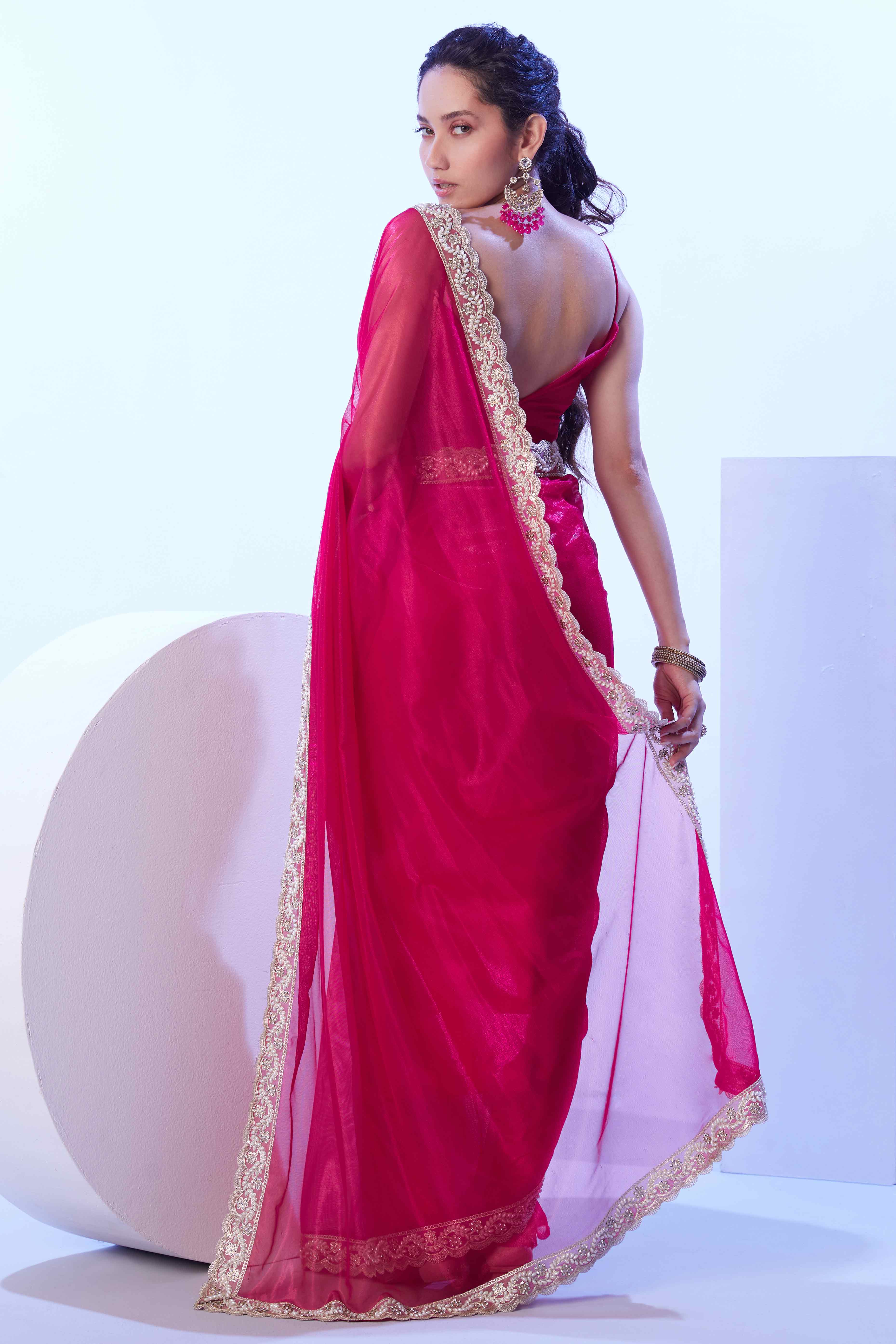 Hot Pink Stone Work Net Solid Embroidered Saree for Party Wear