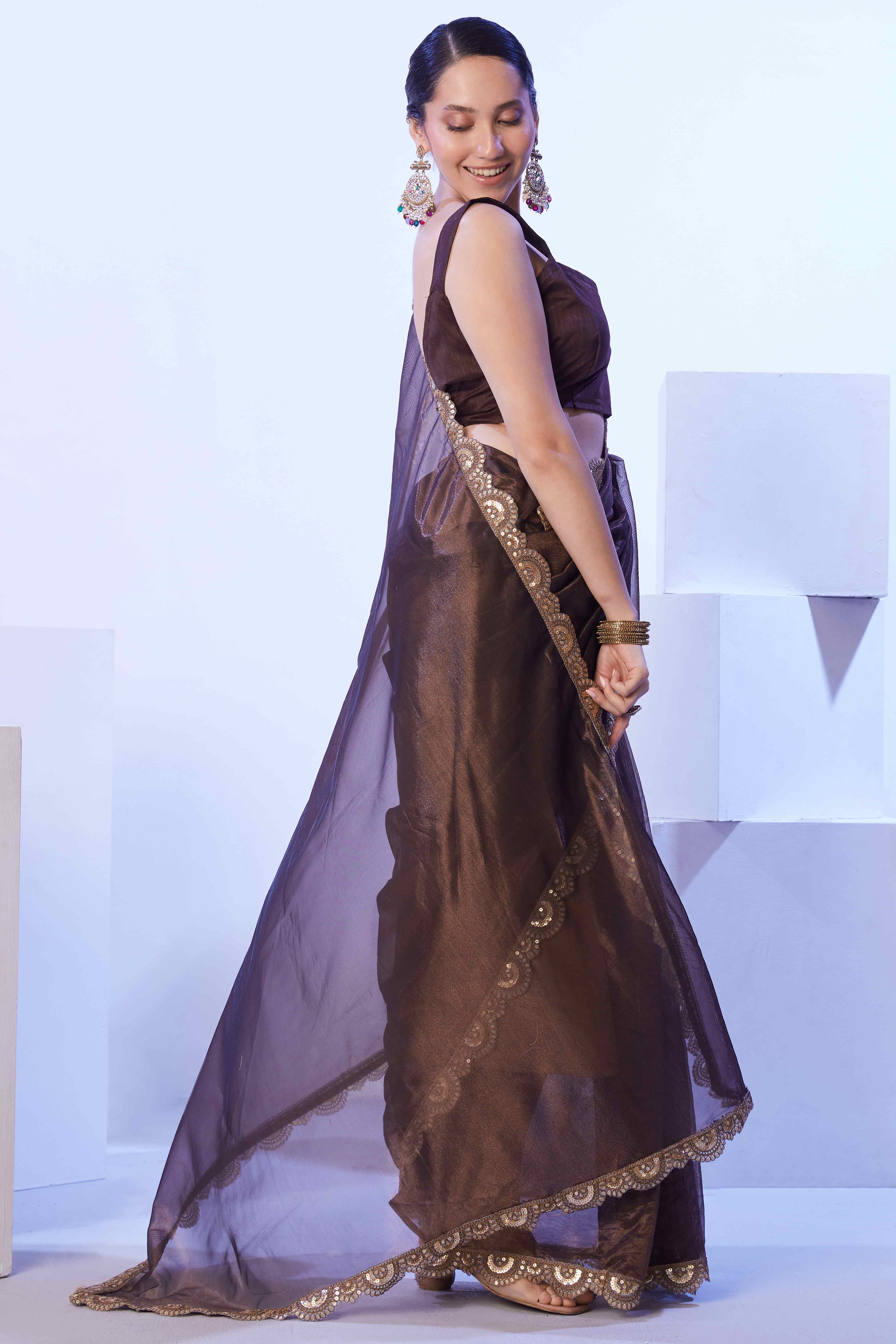 Brown Stone Work Net Solid Saree for Party Wear