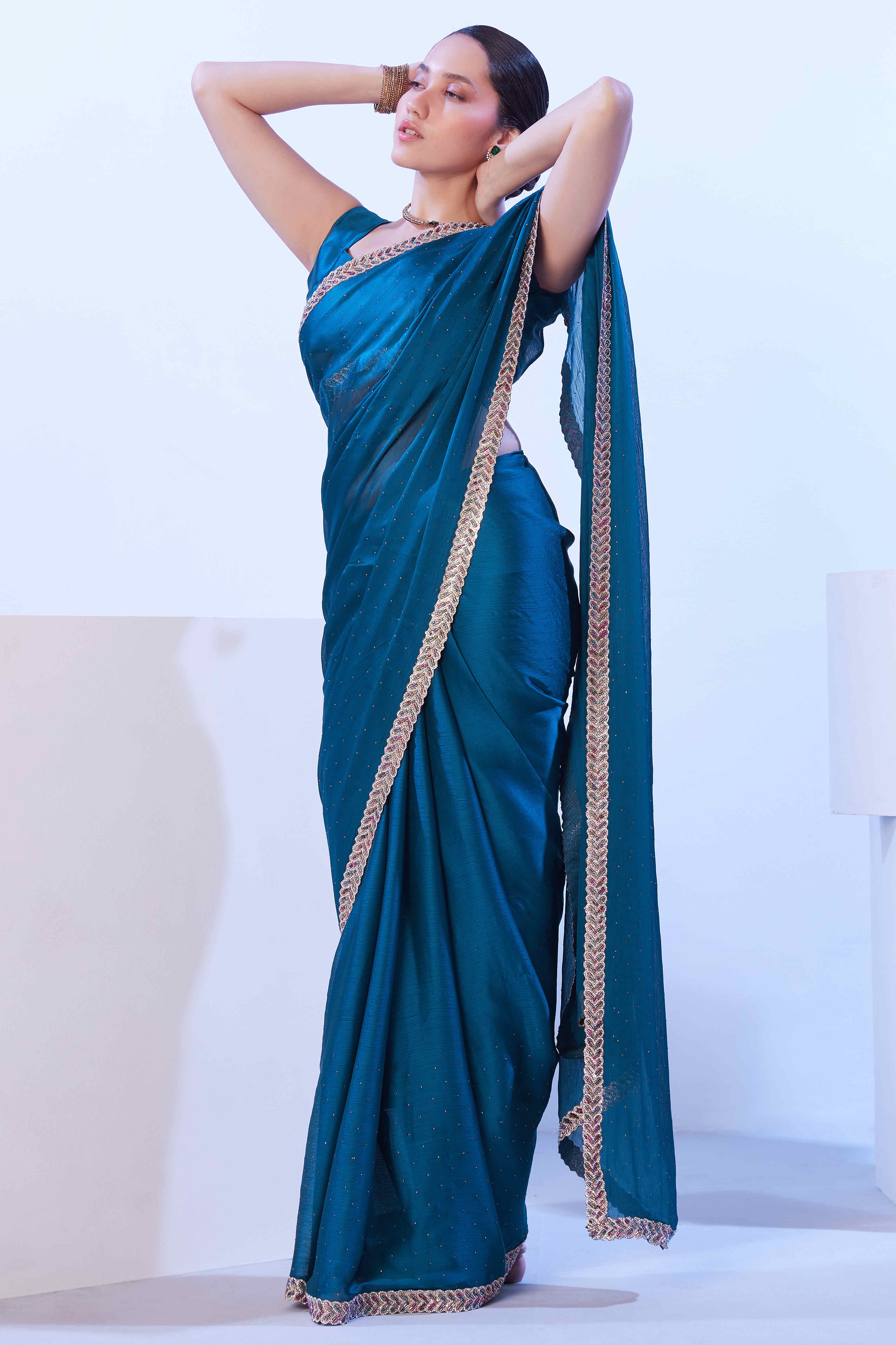 Teal Satin Embroidered Solid Saree Adorned with Beads & Stones