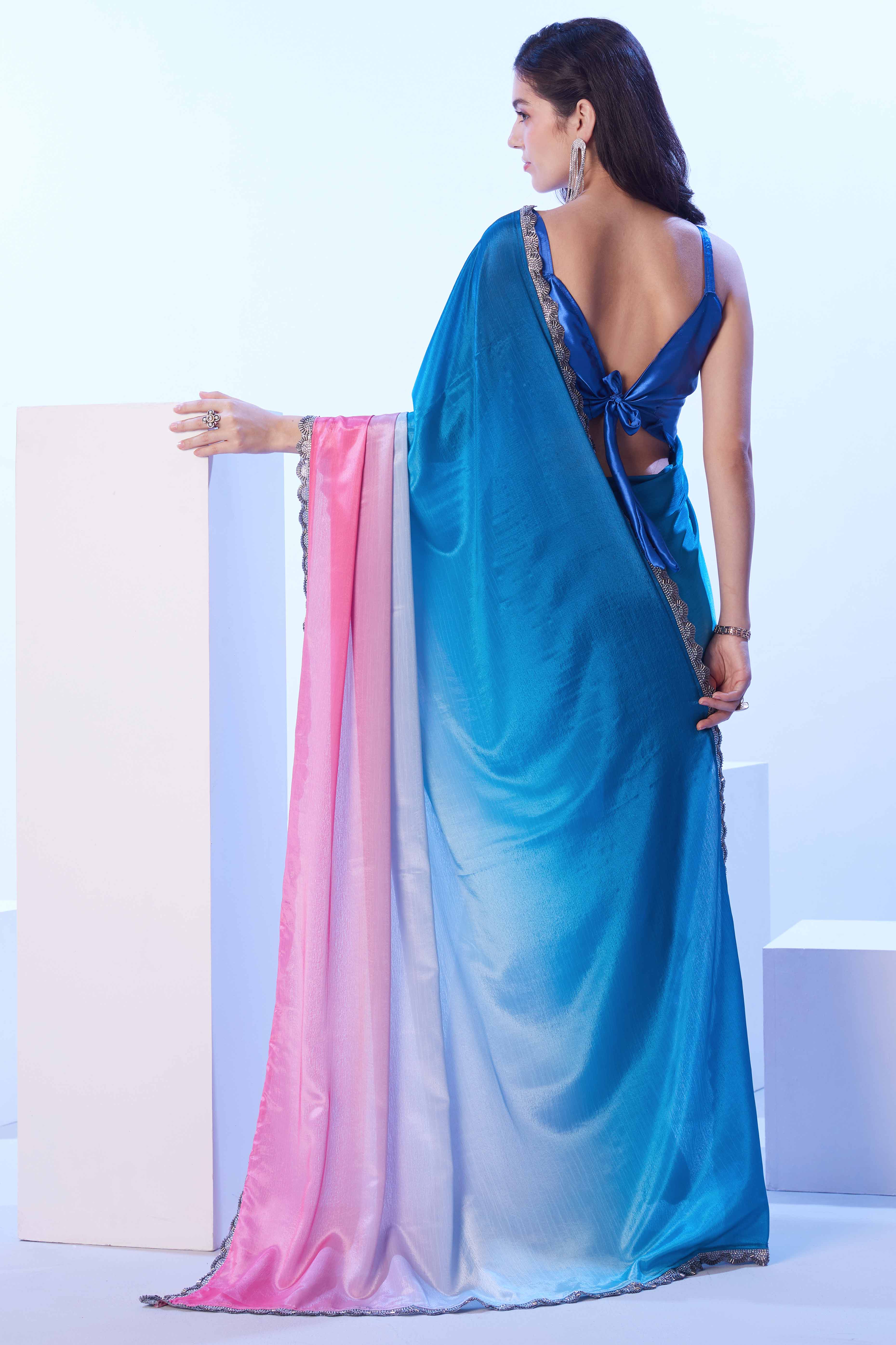 Blue & Pink Ombre Bliss Chinon Solid Saree