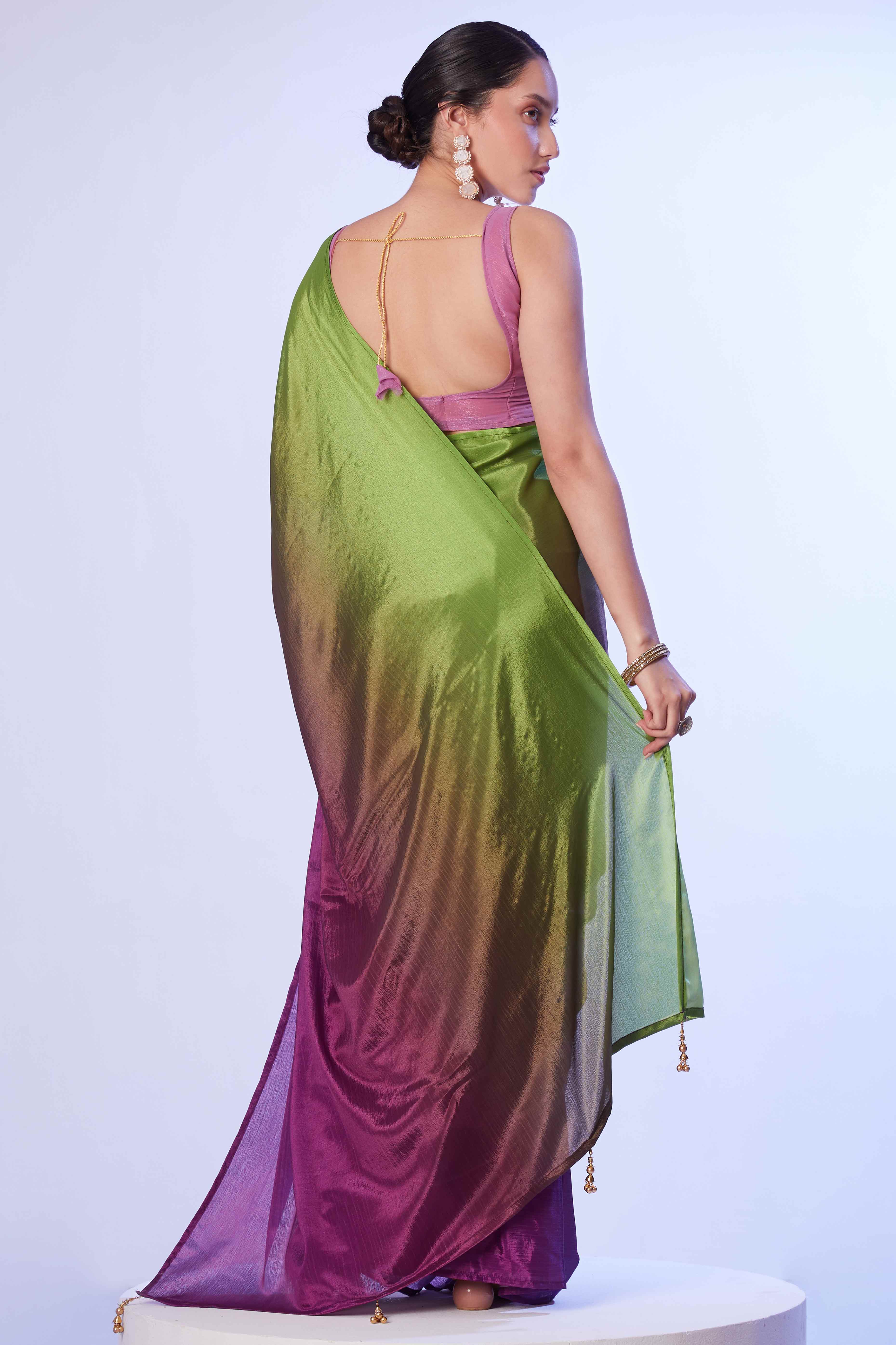 Green & Purple Ombre Bliss Chinon Solid Ready Made Saree
