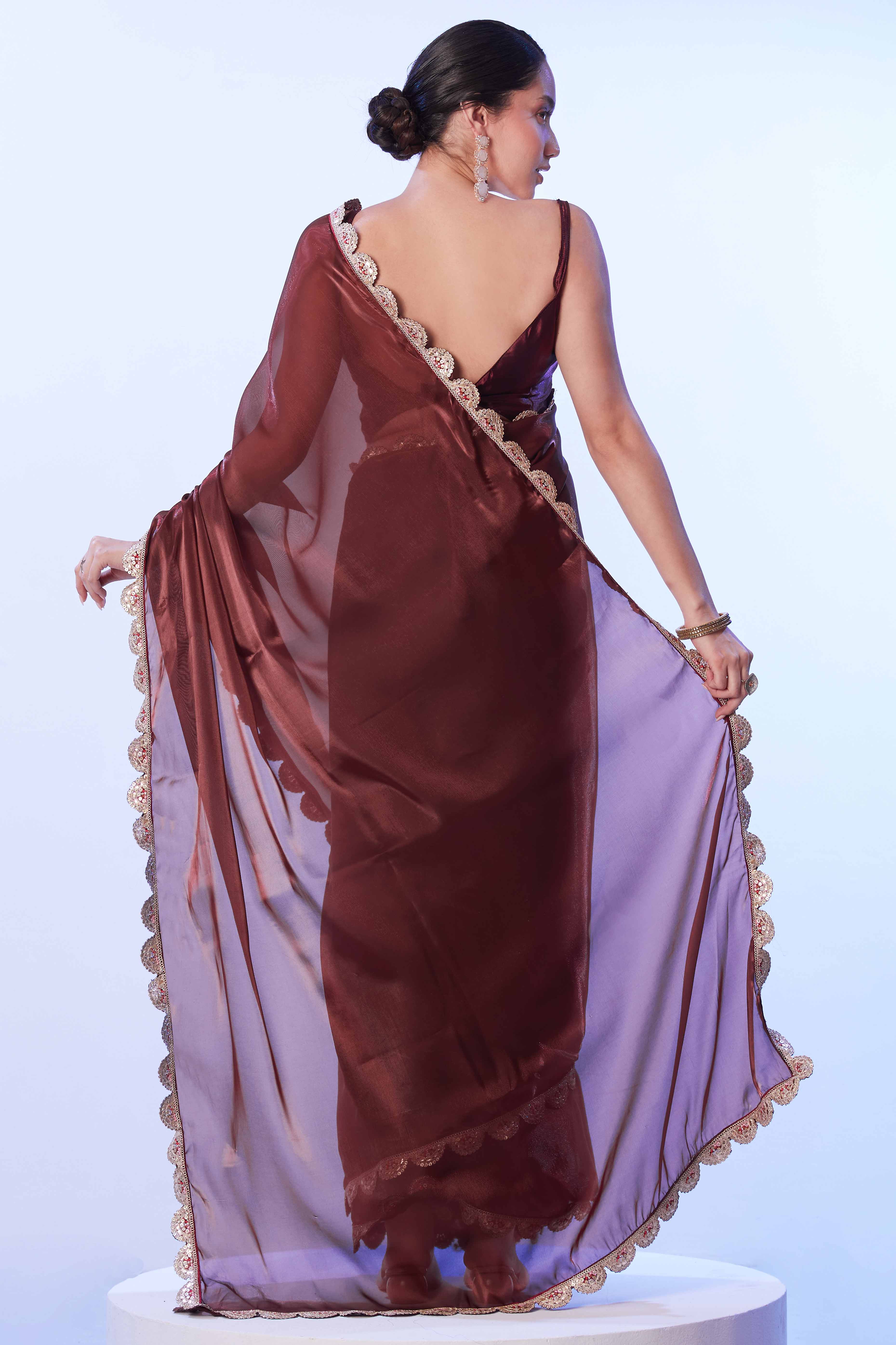 Brown Satin Solid Saree Adorned with Sequins Work