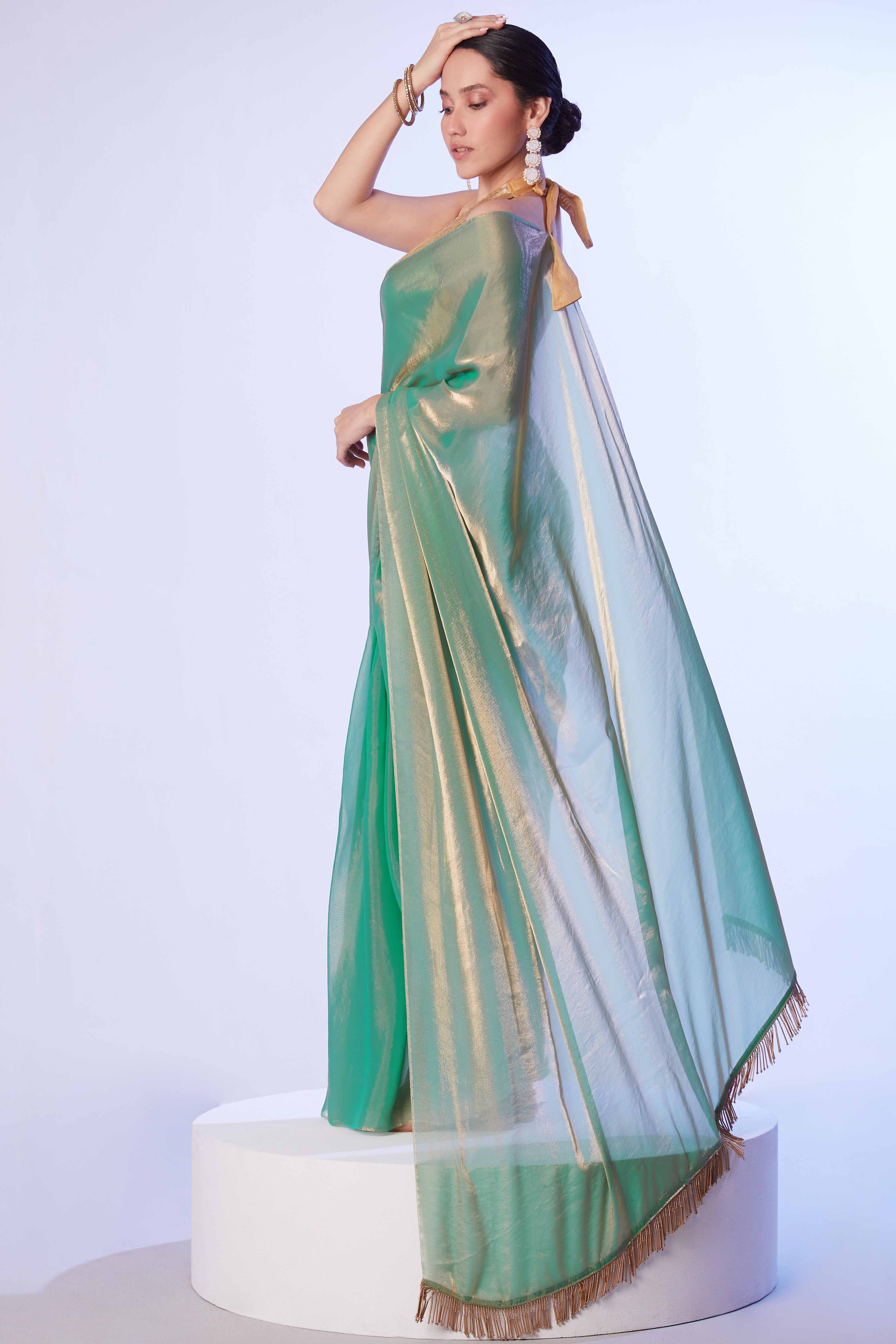 Green Satin Embroidered Solid Saree Adorned with Beads & Stones