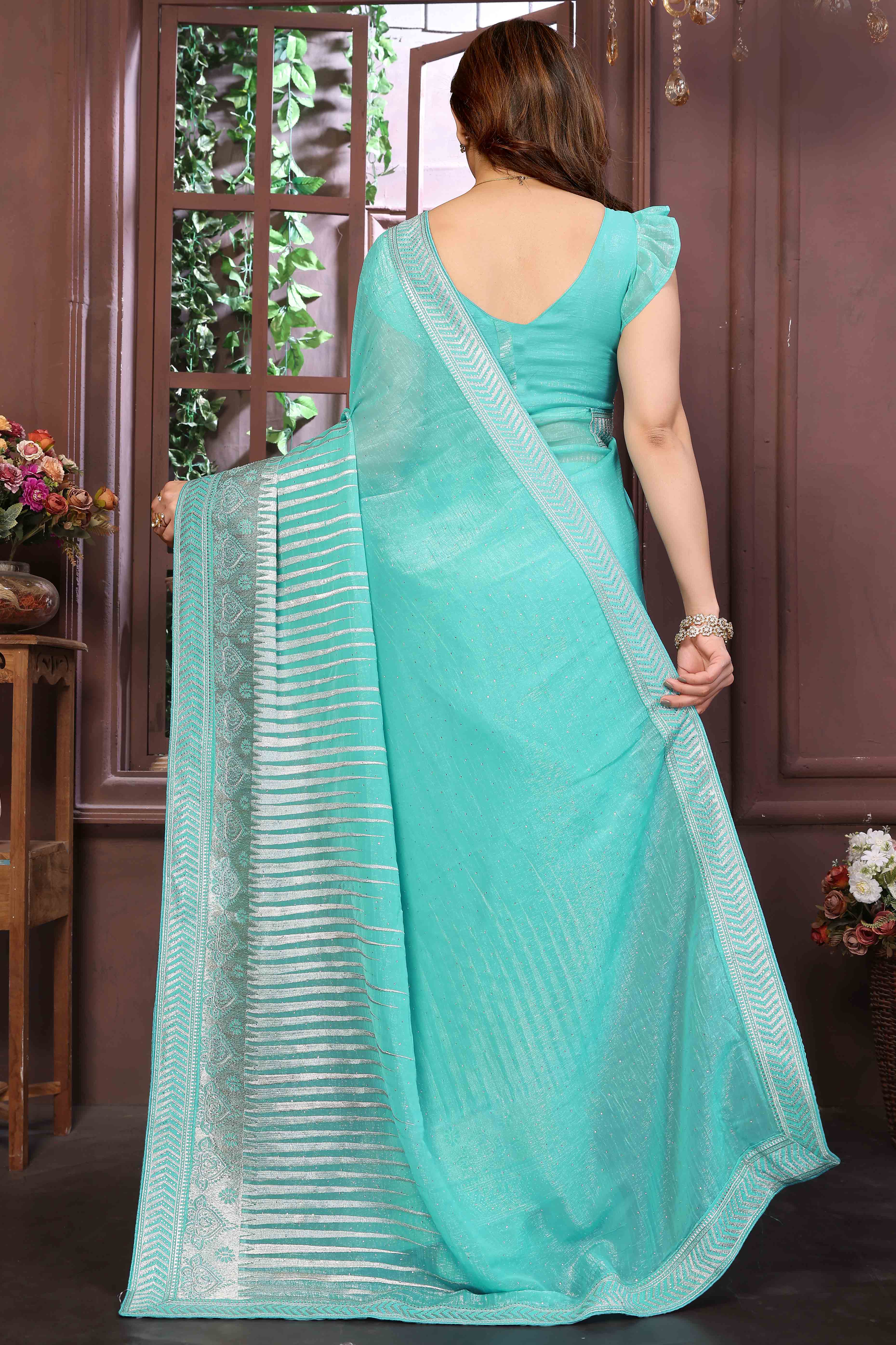 Swarovski Work Saree In Turquoise With Delicate Floral Zari Border