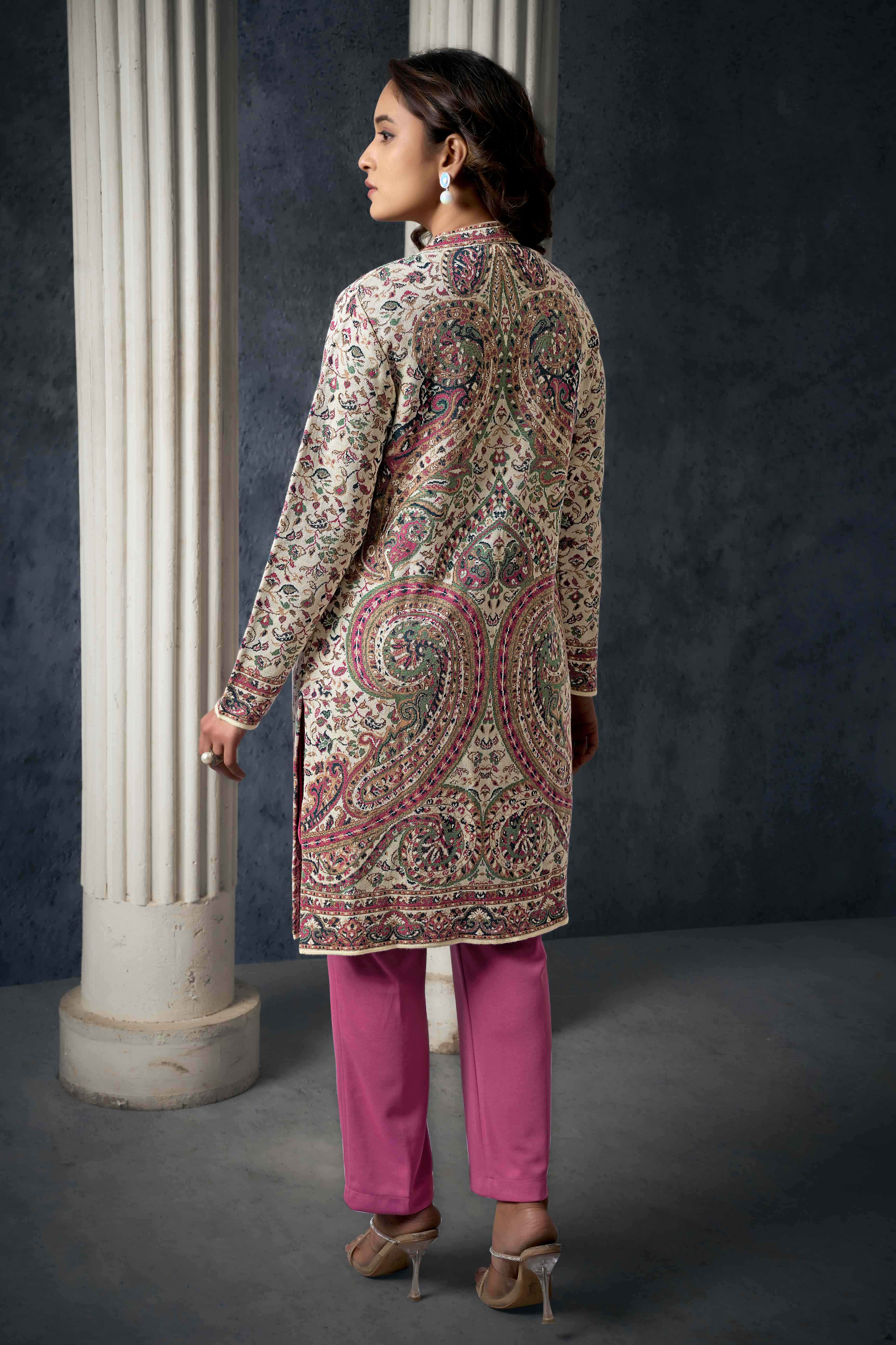 Cream Paisley Weaving Woolen Front Slit Top Bottom Set with Jacket