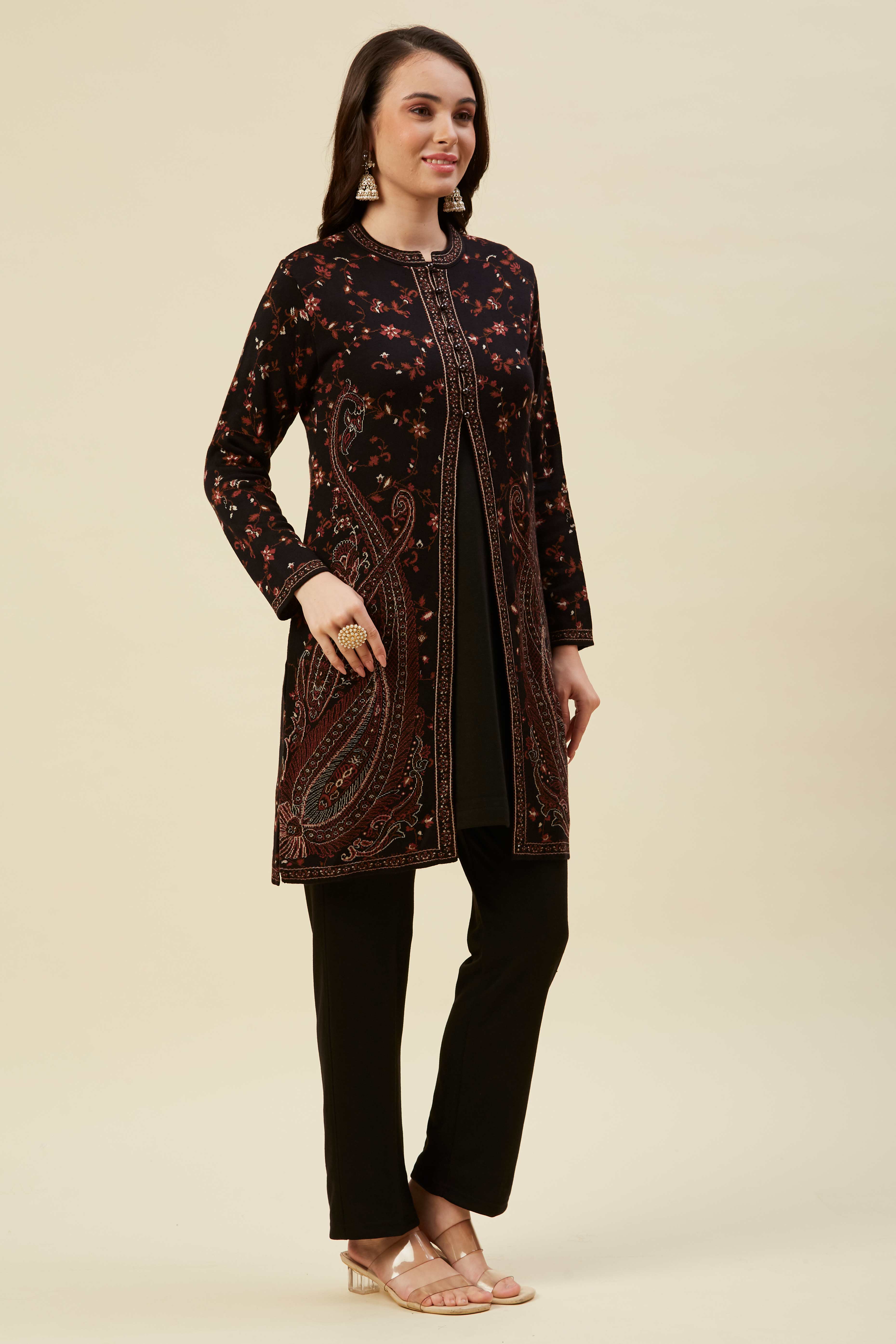 Black Woven Woolen Front Split Top Bottom Set