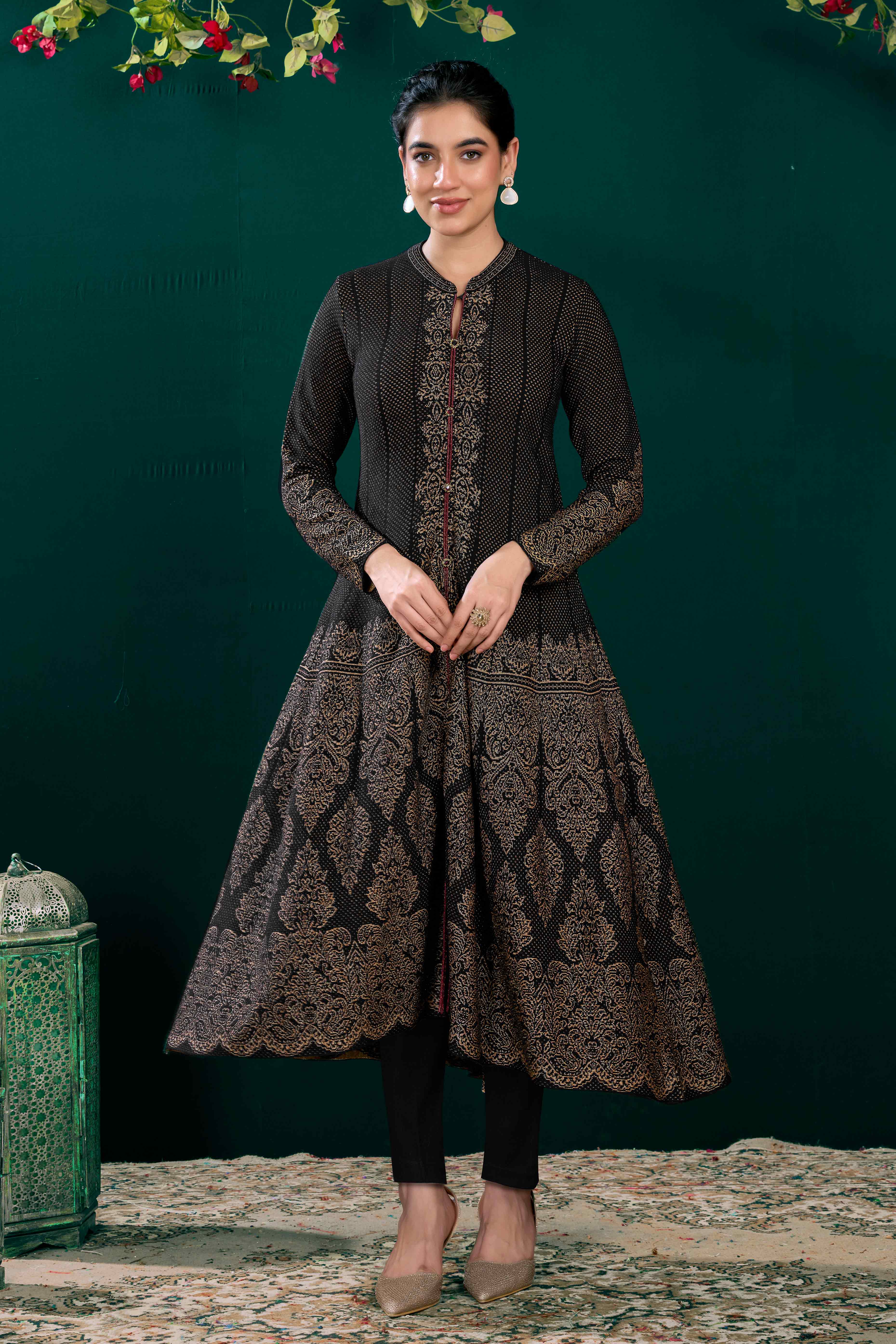 Black Floral Woven A-Line Salwar Suit