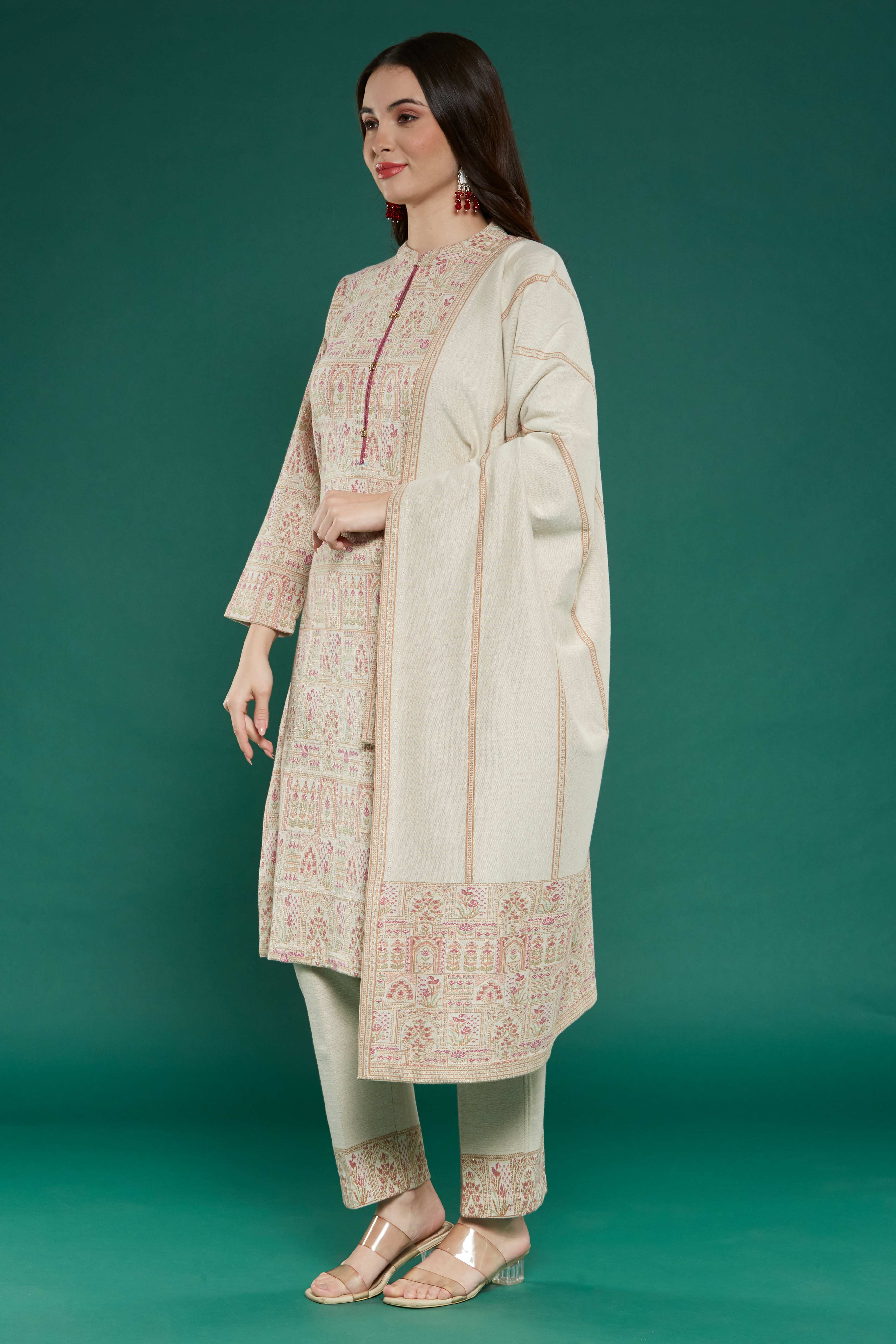 Beige Floral Woven Woolen Straight Salwar Suit