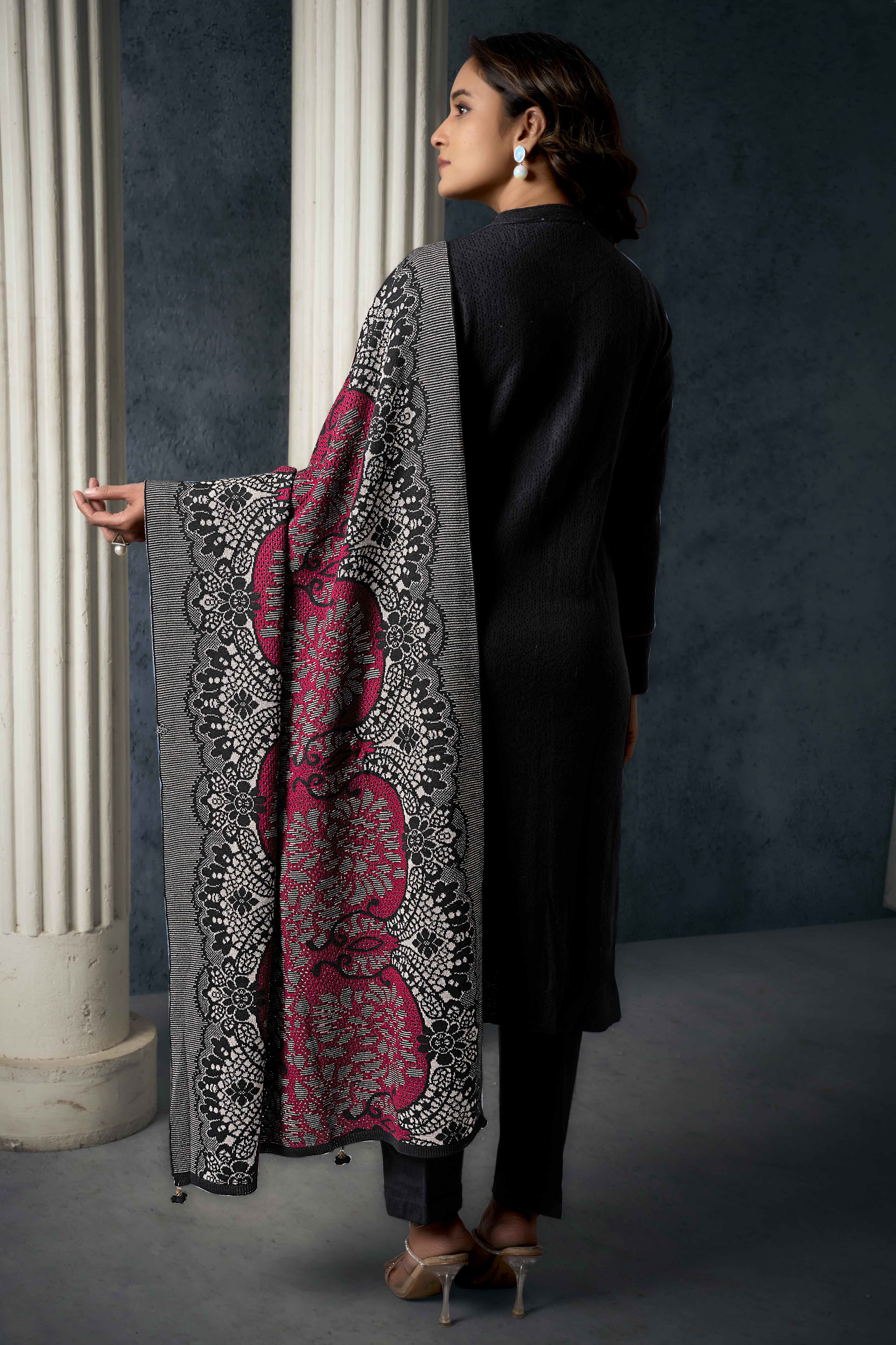 Black Weaving Woolen Front Slit Salwar Suit