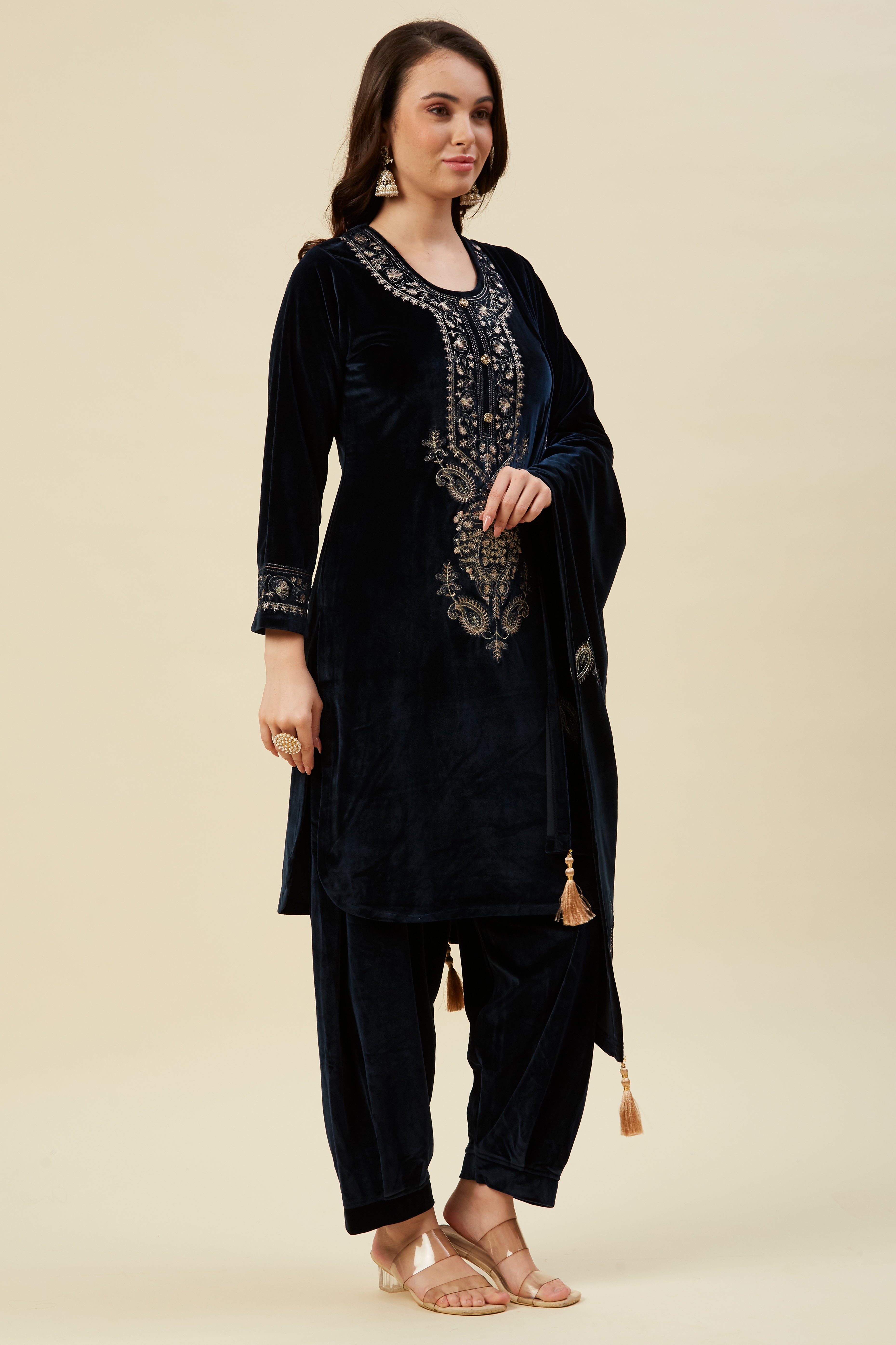 Navy Blue Embroidered Velvet Straight Salwar Suit