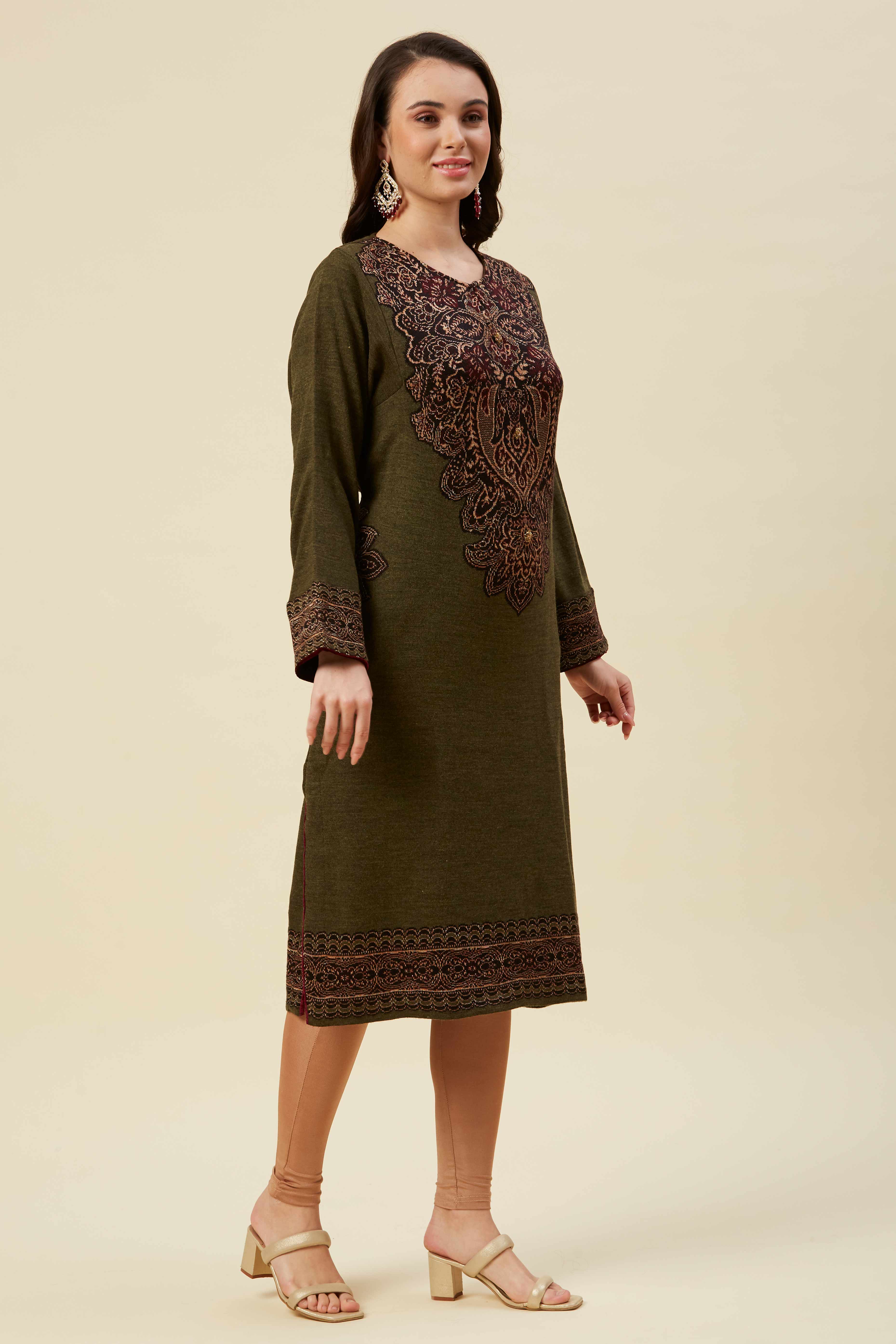 Olive Embroidered Woolen Straight Kurti