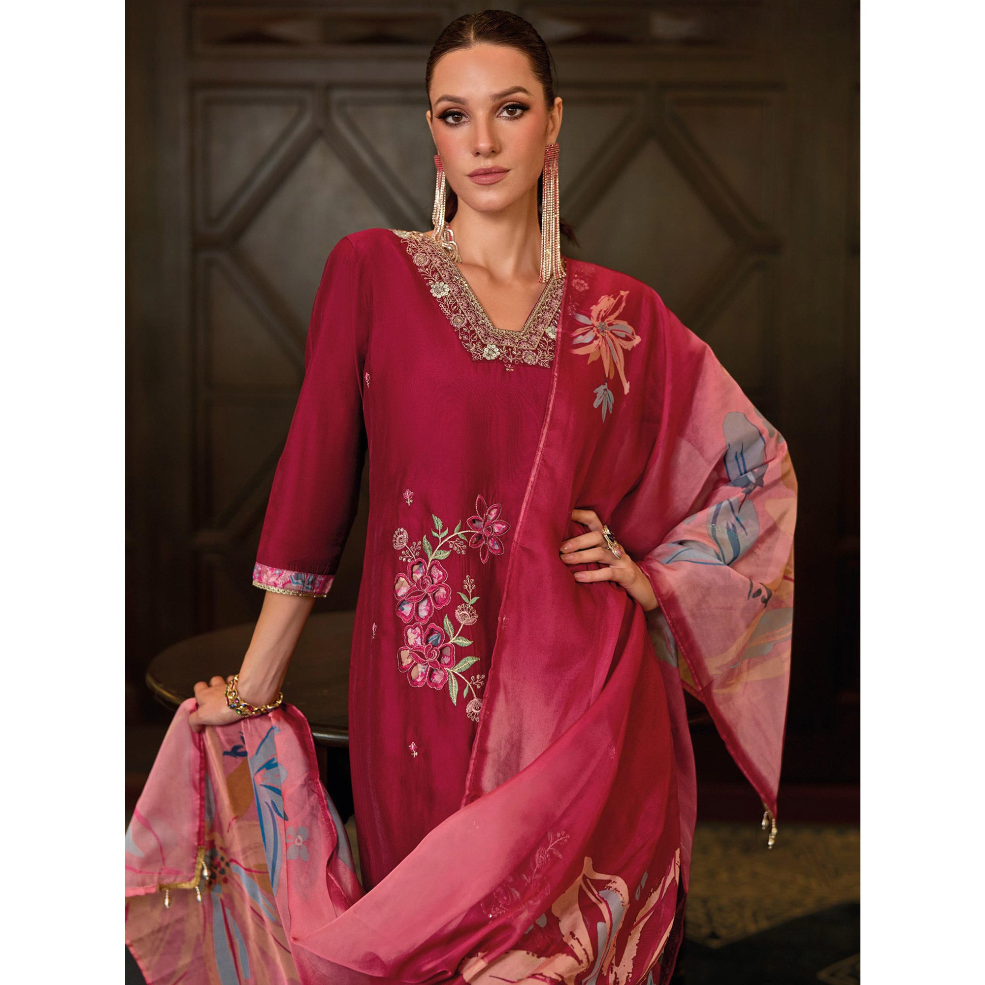 Magenta Floral Handwork Embroidered Viscose Salwar Suit