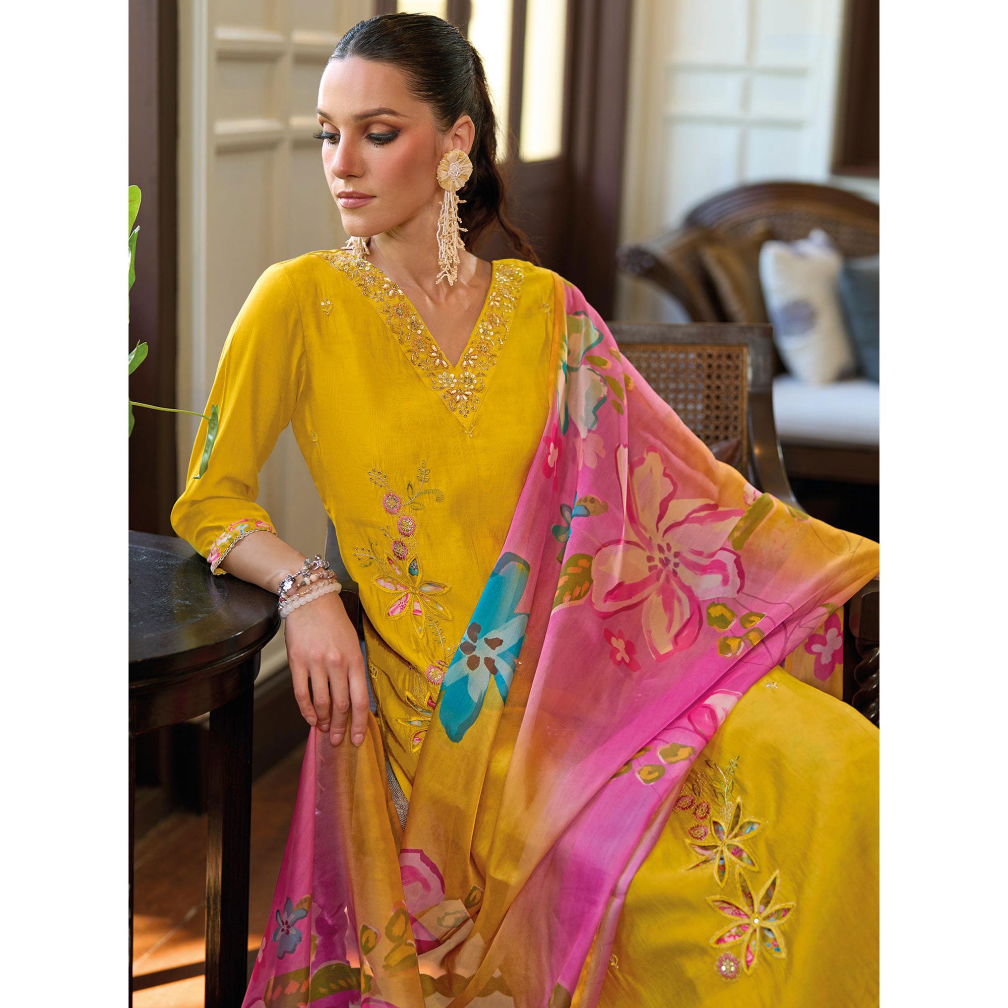 Mustard Floral Handwork Embroidered Viscose Salwar Suit