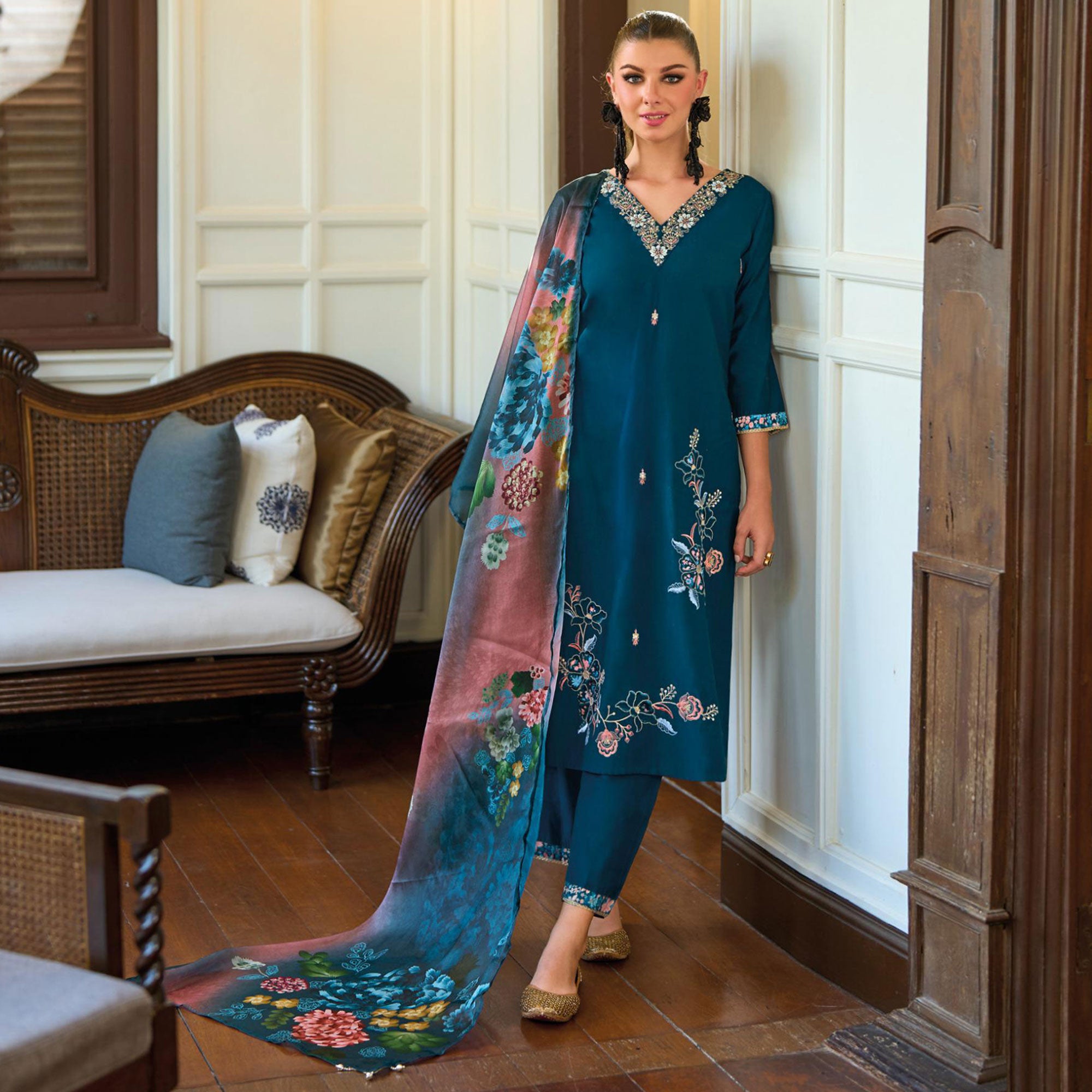 Teal Floral Handwork Embroidered Viscose Salwar Suit