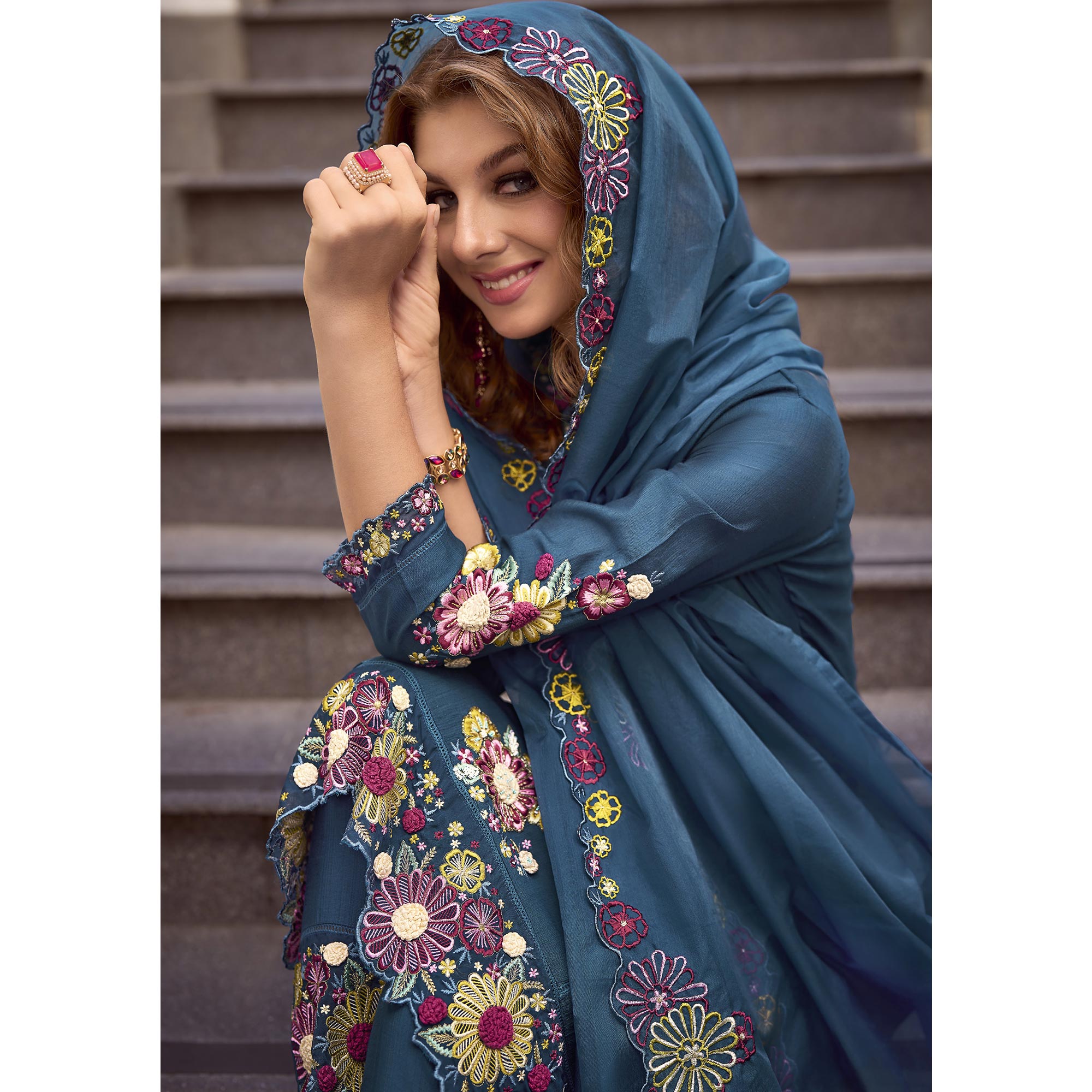 Teal Floral Handwork Embroidered Viscose Salwar Suit