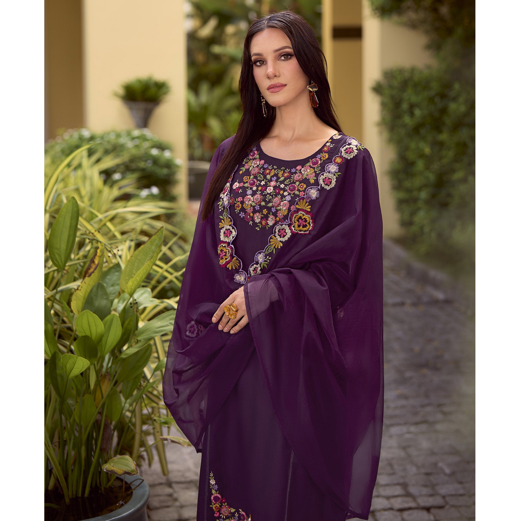 Purple Floral Handwork Embroidered Viscose Salwar Suit